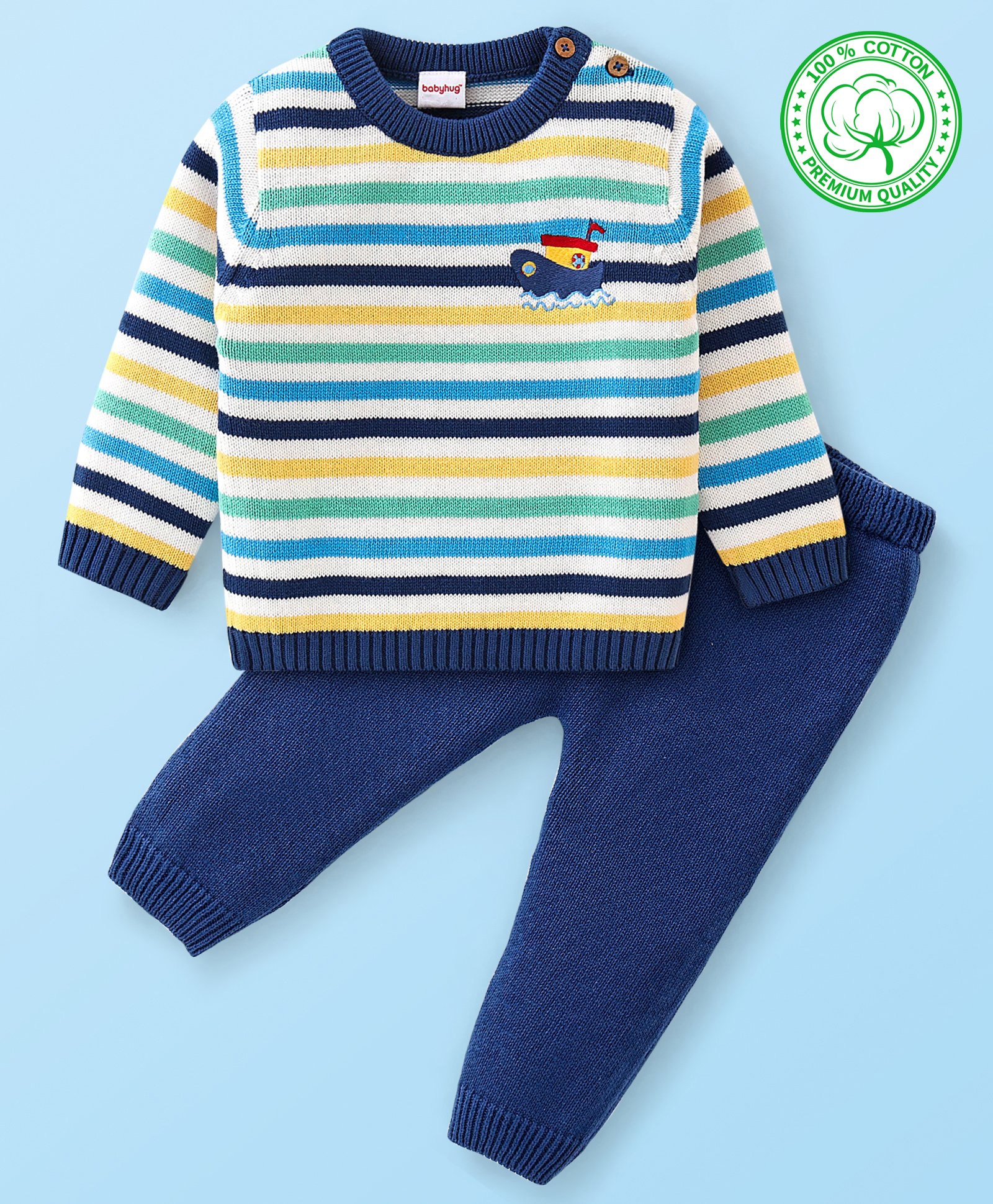 Babyhug Organic Cotton Knit Full Sleeves Striped Sweater & Pajama Set With Cap Ship Embroidery - Multicolour-image-12
