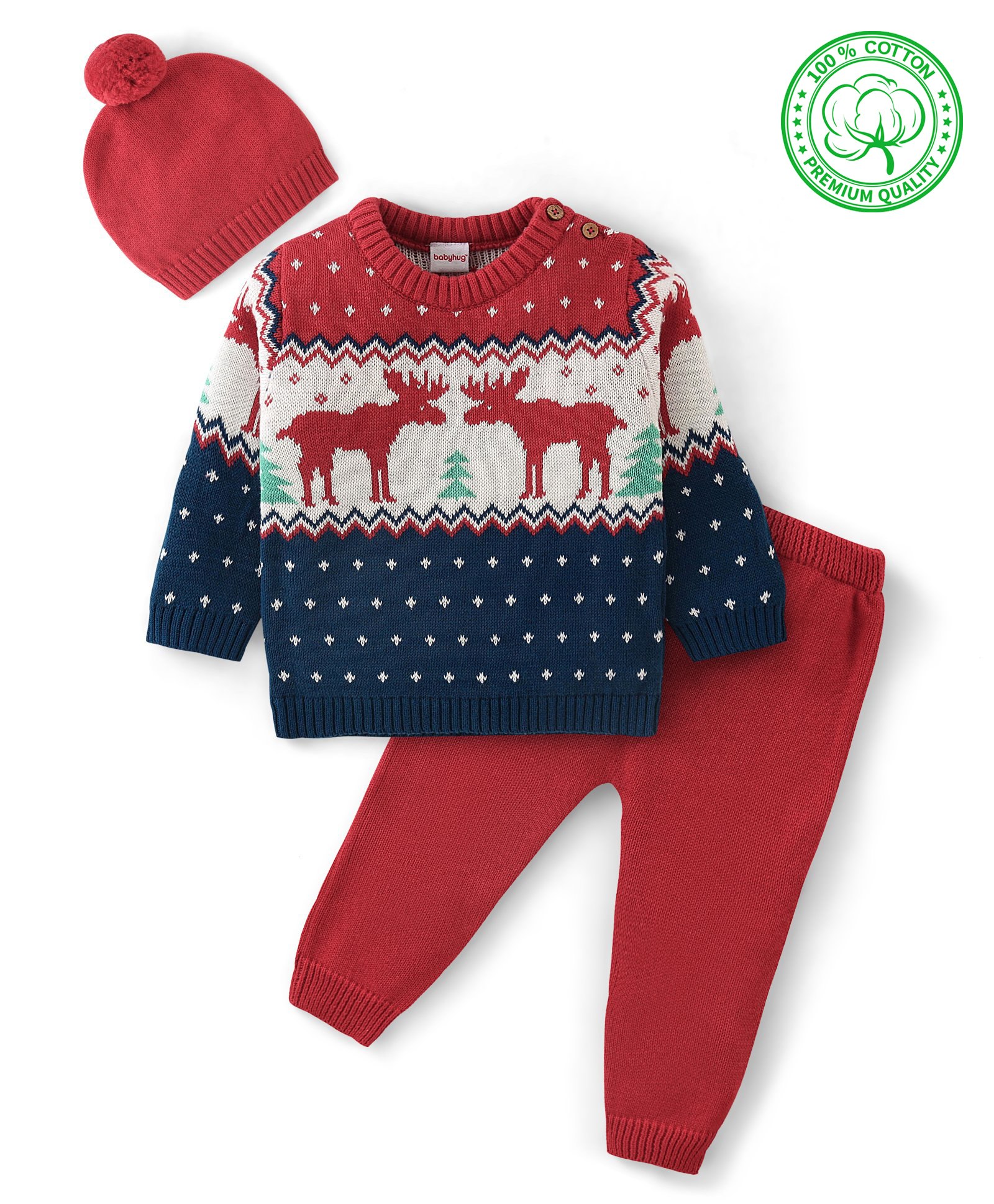 Babyhug Organic Cotton Knit Full Sleeves Reindeer Design Sweater Set with Cap - Red & Navy Blue-image-29