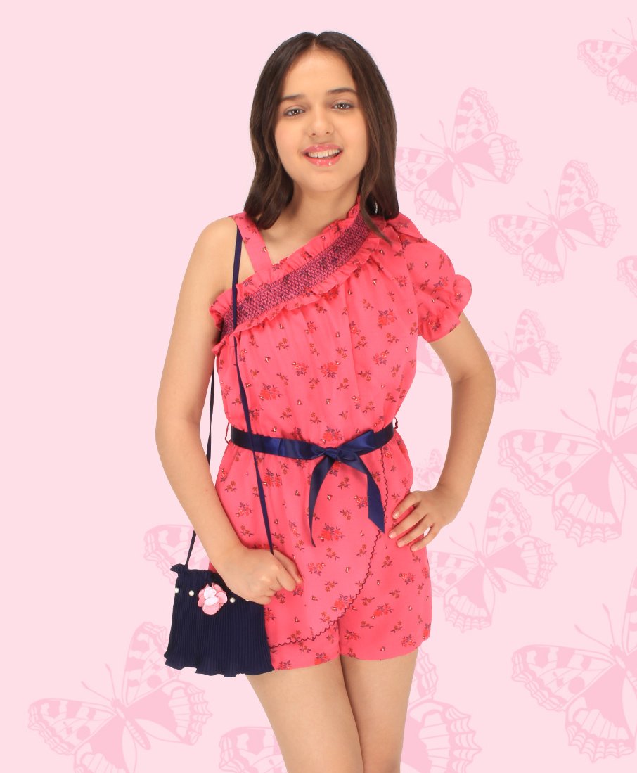 Cutecumber One Shoulder Half Sleeve Ruffled Neckline Detailed & Seamless Floral Printed Jumpsuit With Flower Applique Embellished Sling Bag - Fuchsia Pink-picture-16