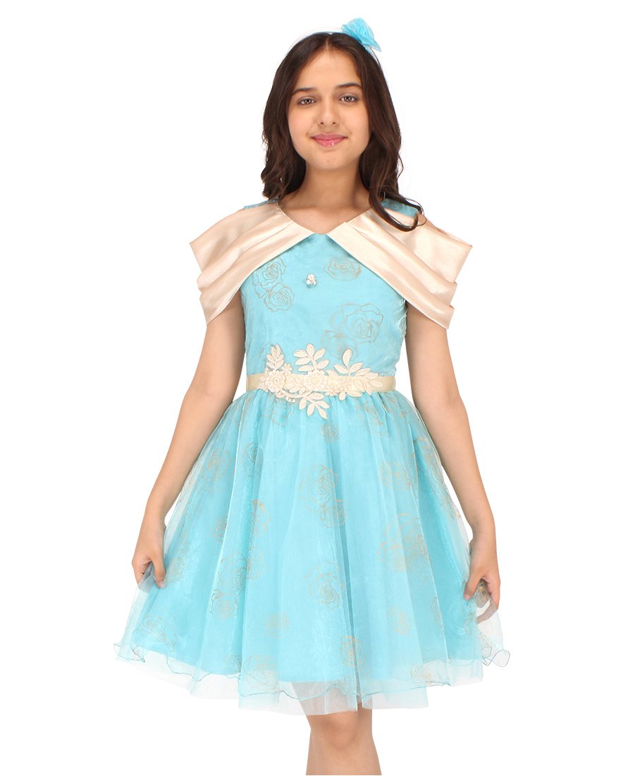 Cutecumber Cold Shoulder Half Sleeves Floral Printed & Embroidered Party Dress - Aqua Blue-image-18