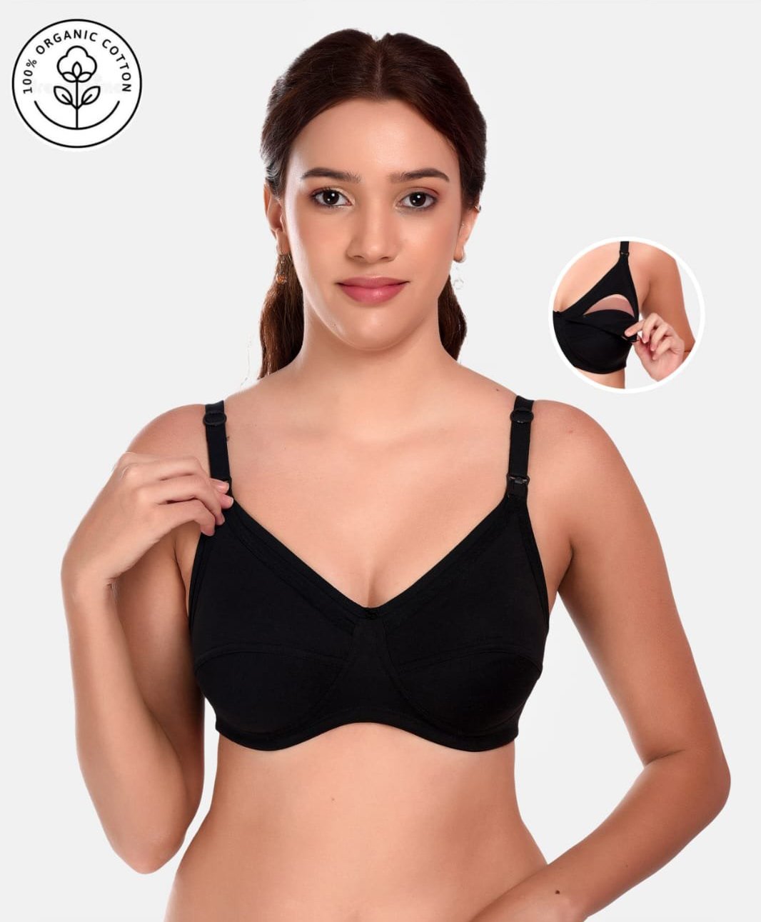 Elite Mom Cotton Solid Maternity & Nursing Bra - Black-picture-19