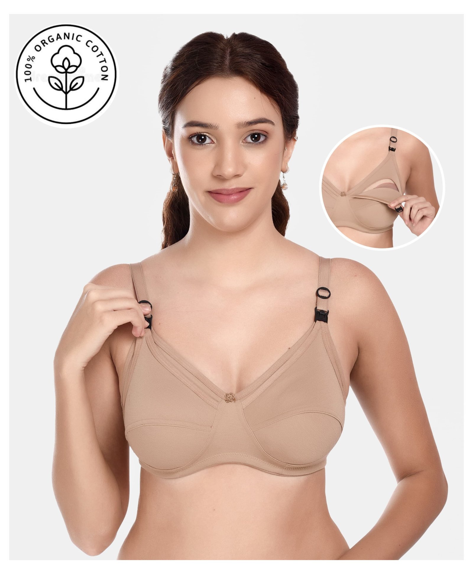 Elite Mom Solid Maternity Bra With Front Hook Closure Nursing Access - Beige-picture-42