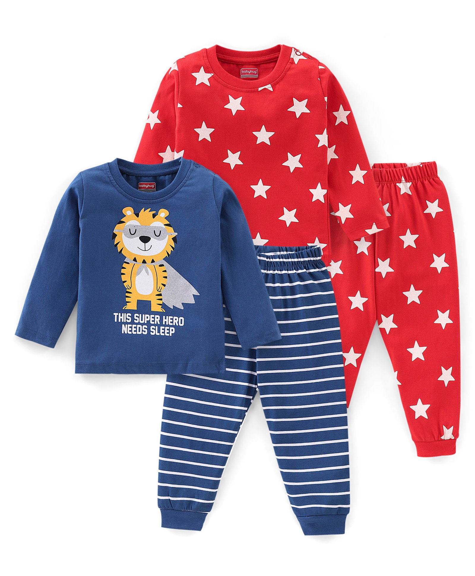 Babyhug Interlock Cotton Knit Full Sleeves Night Suit Stripes & Star Print Pack of 2 - Red & Blue-image-30