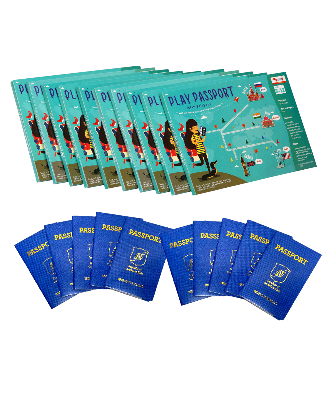 cocomoco kids CocoMoco World Geography Combo Pack Return Gifts for Kids Birthday 3 Pieces of Pretend Play Passport Activity Kit with World Map for Kids Pack of 10-picture-35