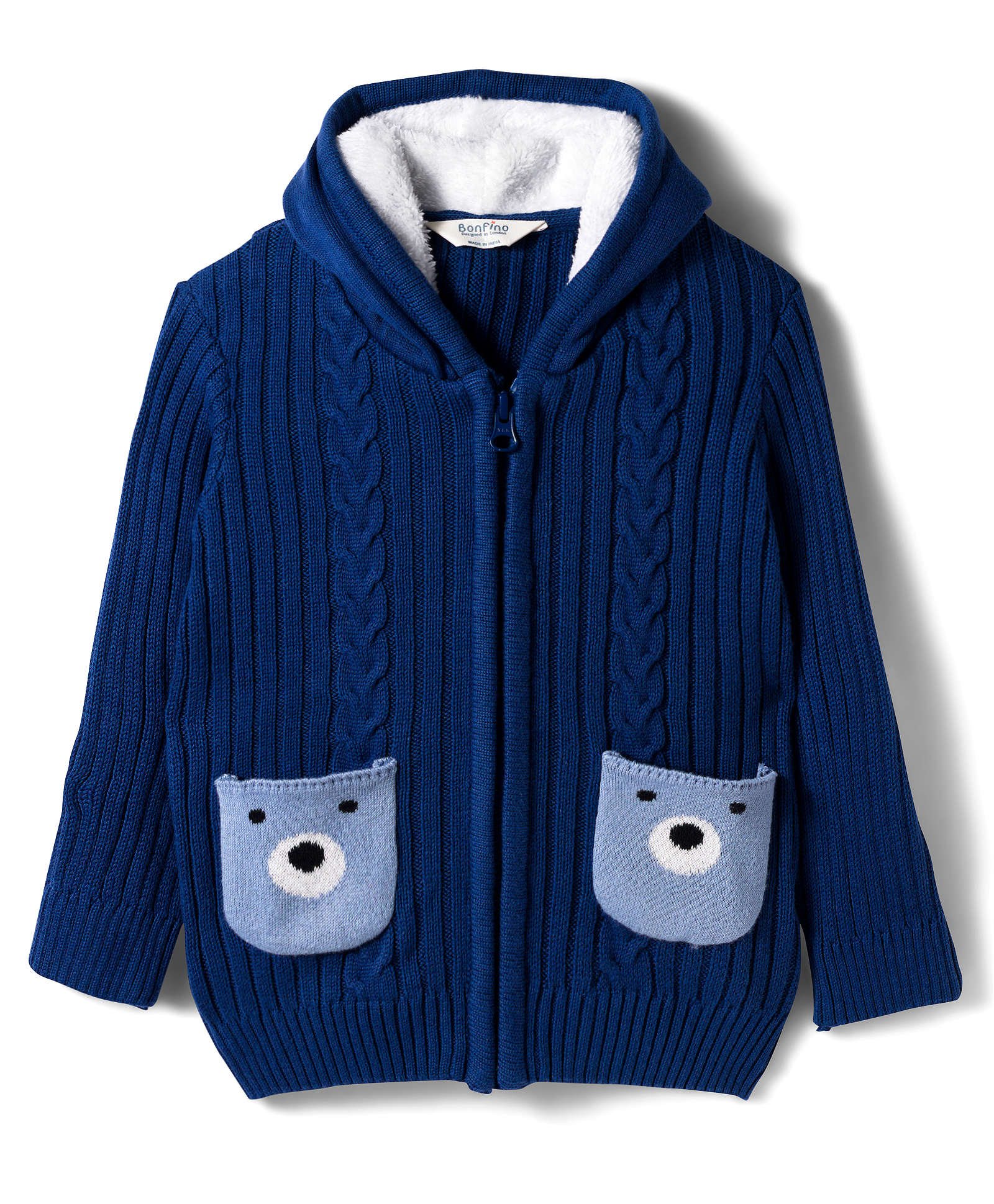 Bonfino Knit Full Sleeves Front Open Hooded Sweater with Cabel Knit & Bear Design - Navy Blue-image-38