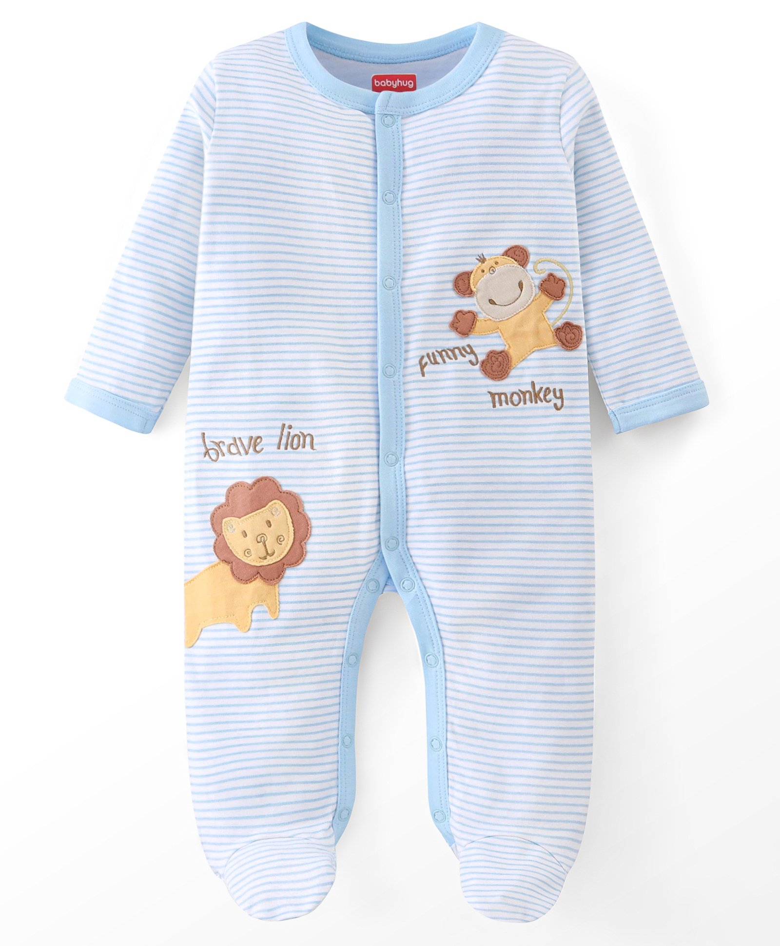 Babyhug Cotton Knit Full Sleeves Striped Footed Sleepsuit with Lion Print - Blue-image-40