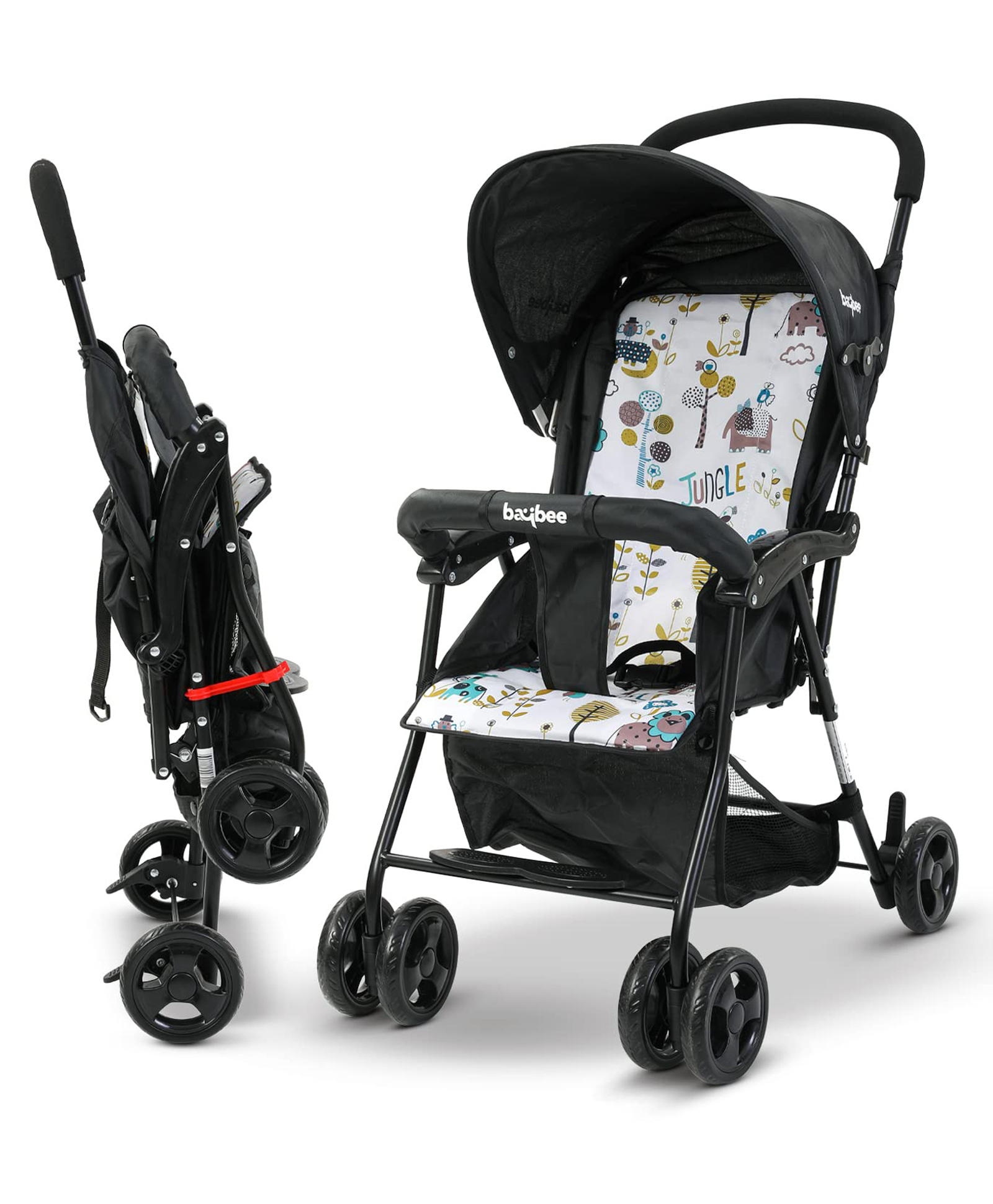 Baybee Infant Baby Stroller for Newborn Babies with 2-Position Adjustable Canopy Round Grip Handle Safety Harness Storage Basket & Rear Brake - Black-image-41
