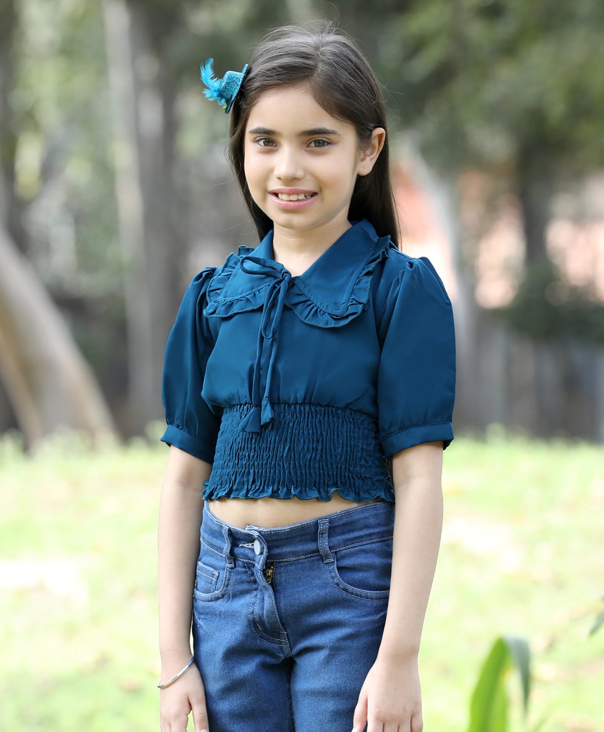 Cutiekins Three Fourth Sleeves Solid Smocked Top - Teal Blue-image-49