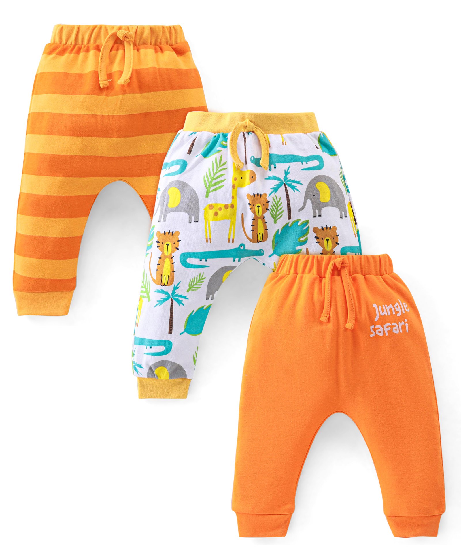 Babyhug Interlock Cotton Full Length Diaper Pants Stripes & Jungle Print Pack of 3 - Orange & White-image-49