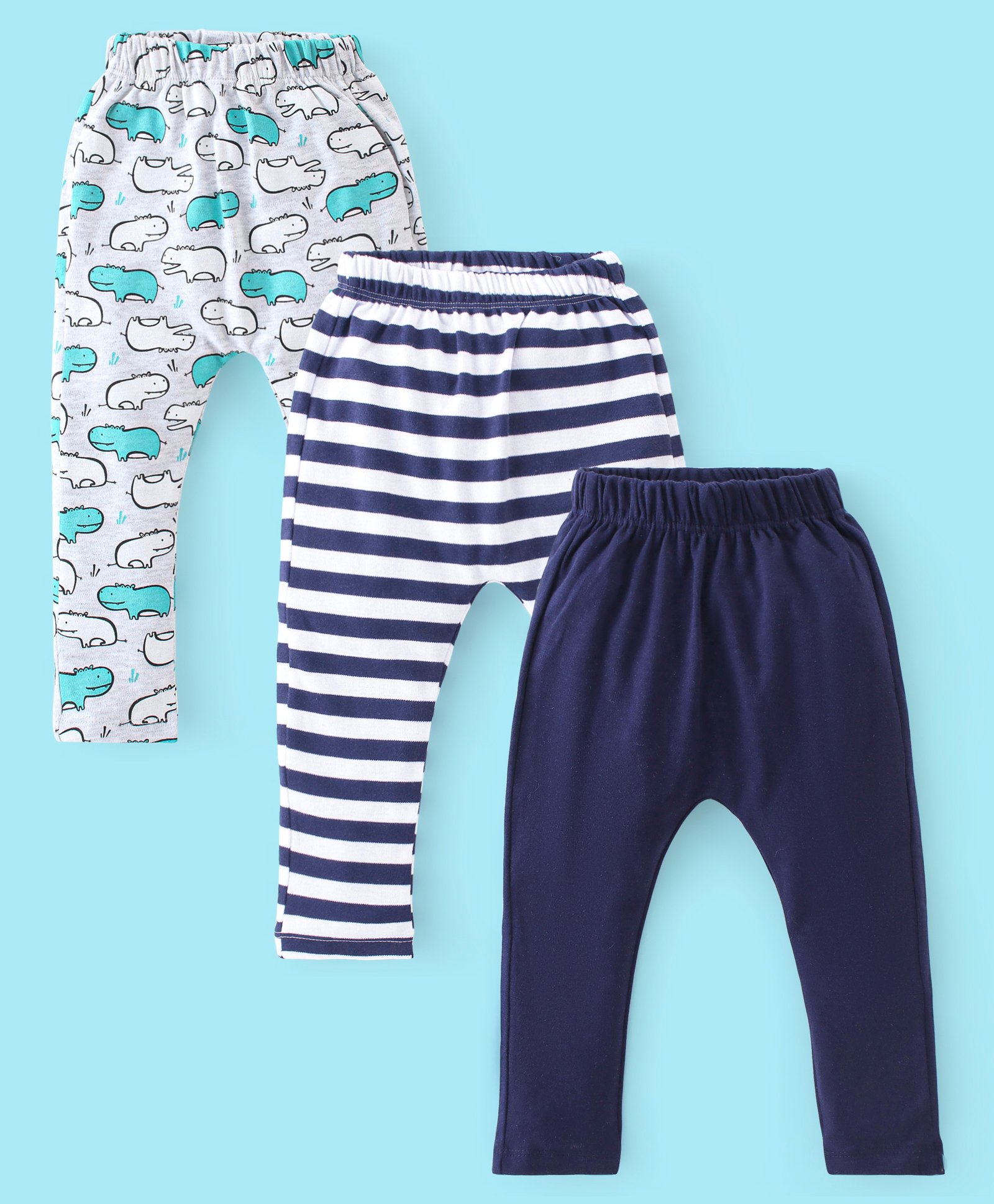 Babyhug Cotton Knit Full Length Diaper Pants Stripes & Hippo Print Pack Of 3- Grey White & Blue-picture-16