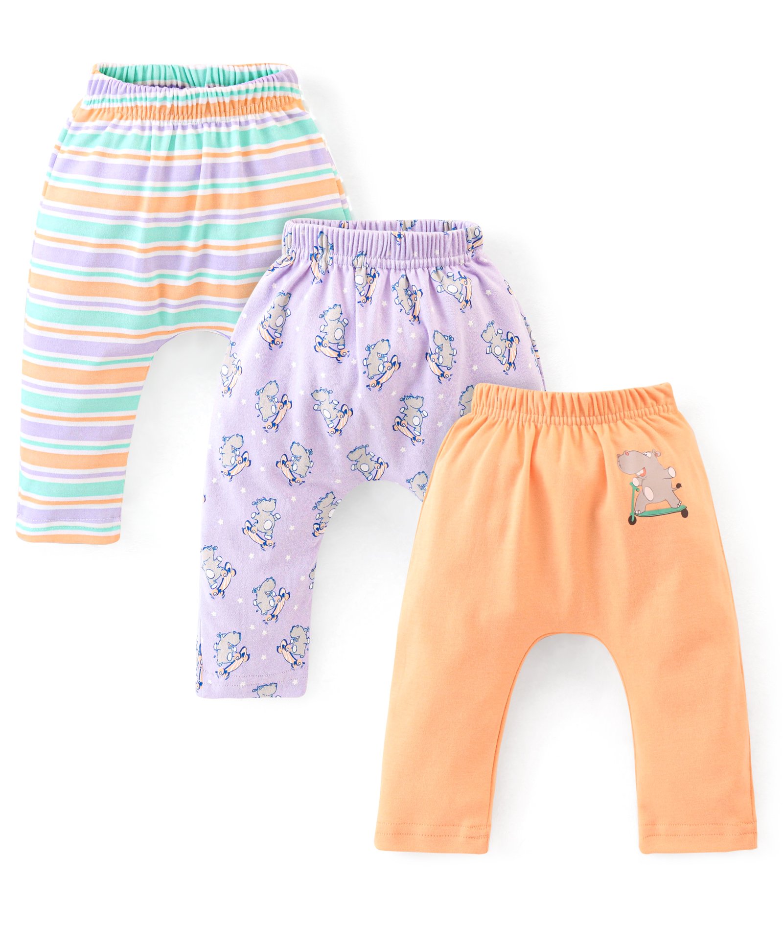Babyhug Cotton Ankle Length Diaper Pants Stripes & Hippo Print Pack of 3- Peach Purple & Blue-image-38