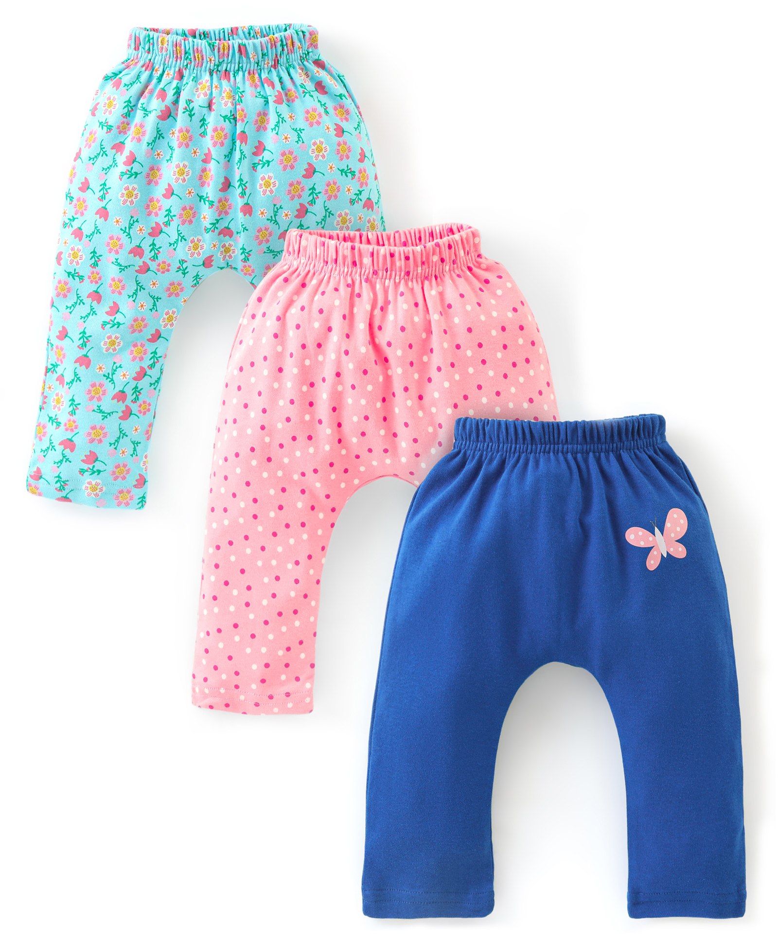 Babyhug Cotton Knit Full Length Diaper Pant with Floral Print Pack of  3 - Pink Turquoise & Royal Blue-picture-12