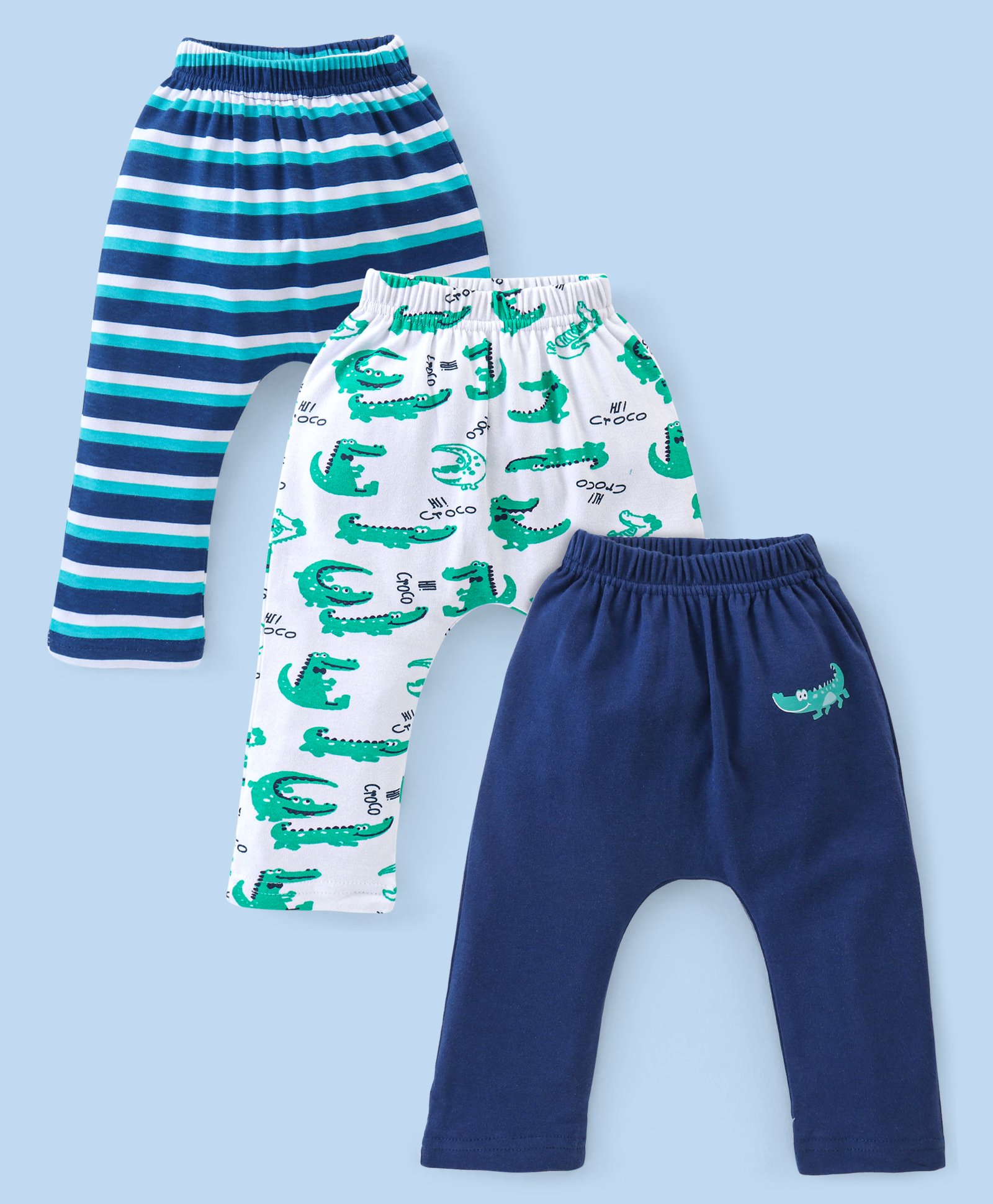 Babyhug Cotton Full Length Diaper Pants Stripes & Alligator Print Pack of 3- Blue Green & White-image-7