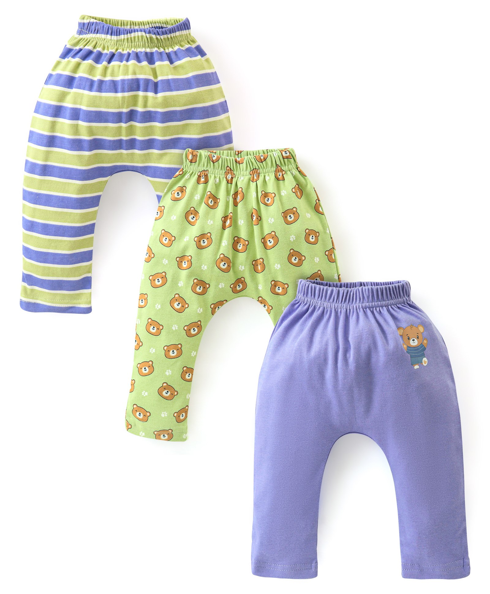 Babyhug Cotton Full Length Diaper Pants Stripes & Bear Print Pack Of 3- Green & Blue-image-37