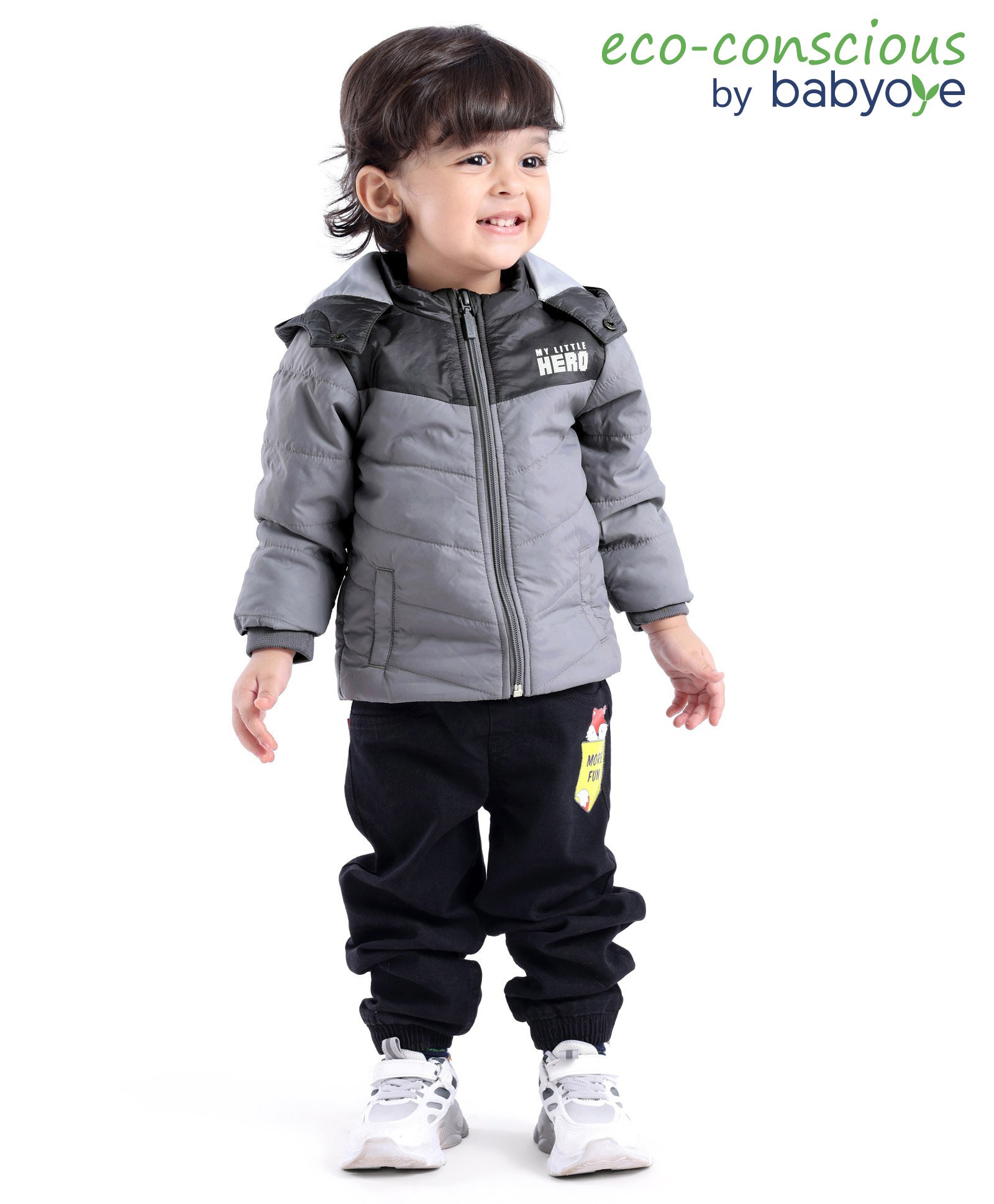 Babyoye Quilted Metallic Full Sleeves Hooded Jacket - Grey-image-1