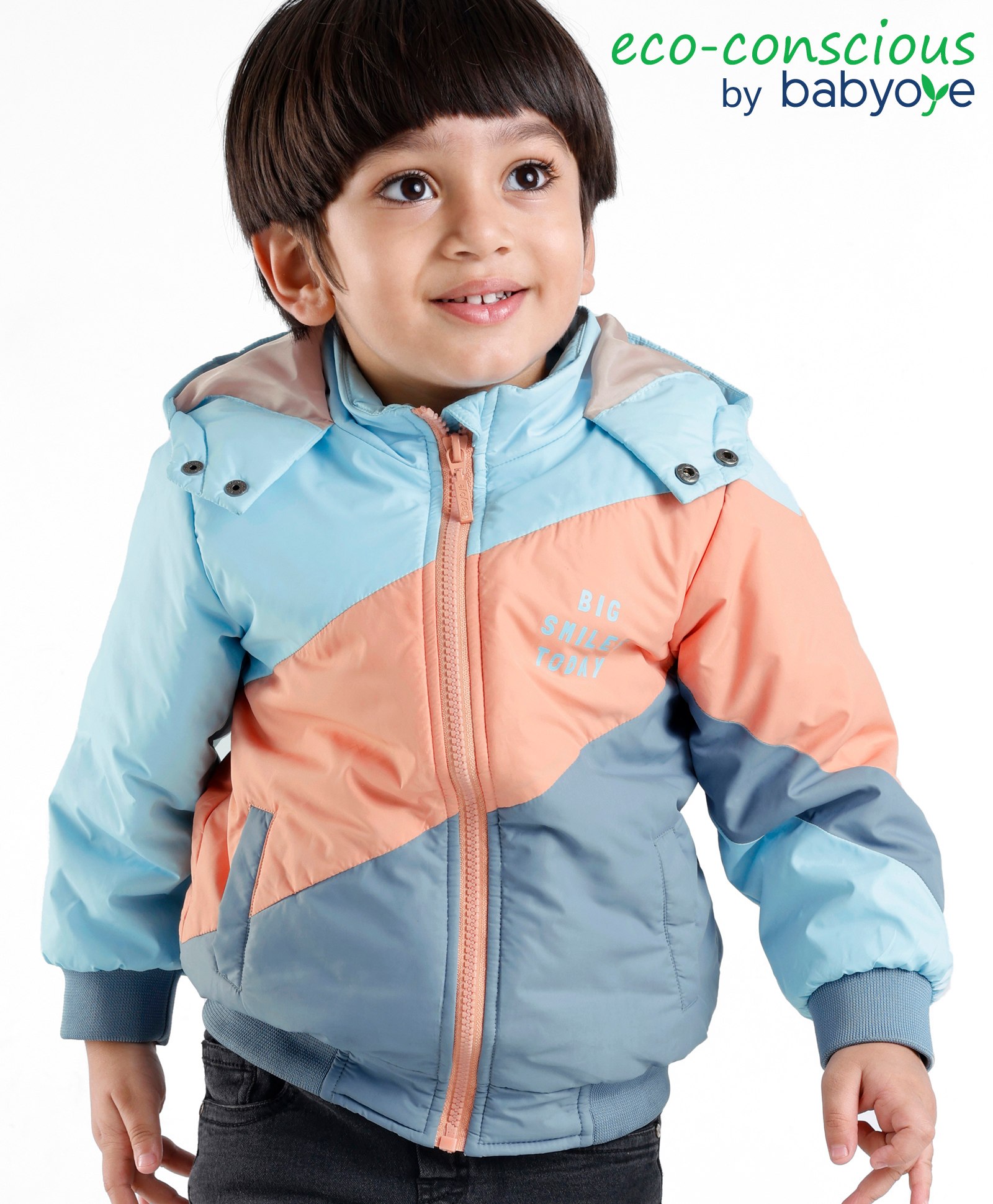 Babyoye Quilted Solid Dyed Full Sleeves Hooded Jacket - Blue Pink & Grey-image-11