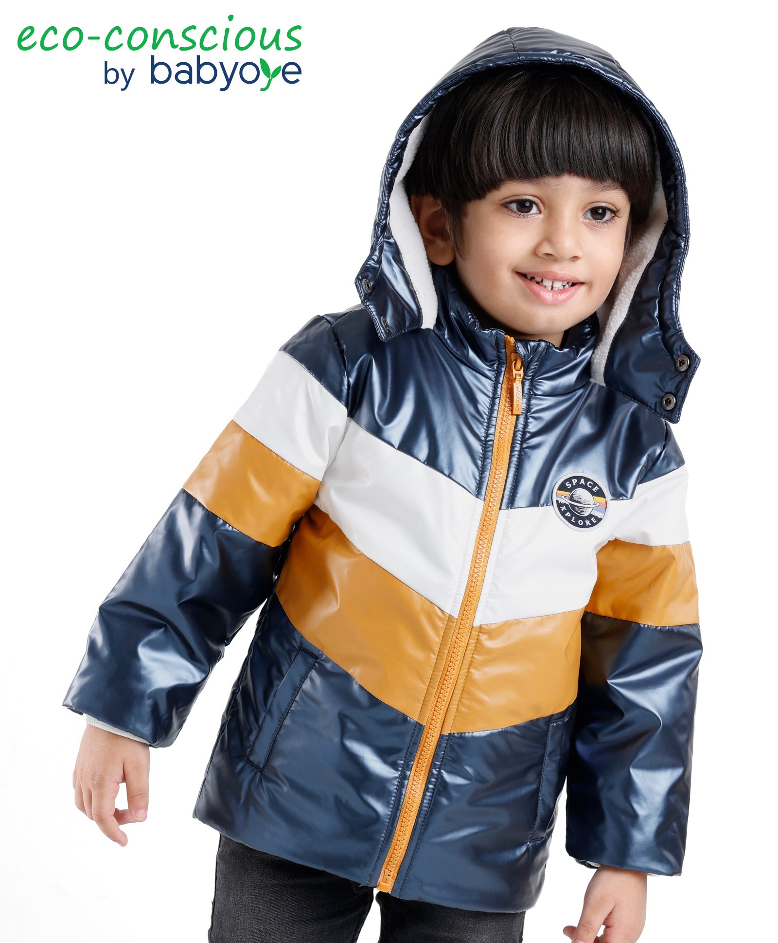 Babyoye Full Sleeves Color Blocked Hooded Quilted Jacket - Blue-image-30