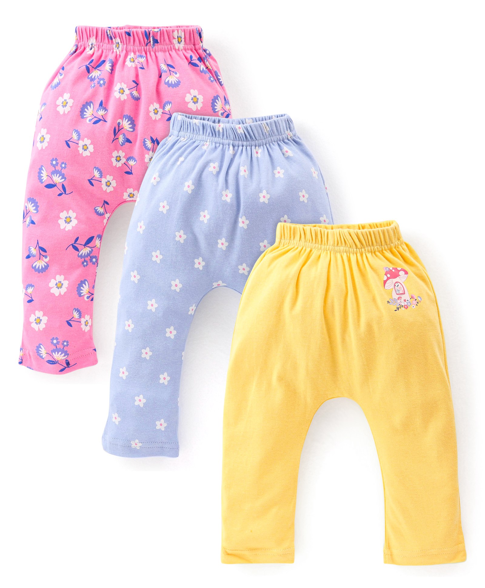 Babyhug Full Length  Cotton Diaper Pants Floral Print Pack of 3 - Pink Blue & Yellow-image-16
