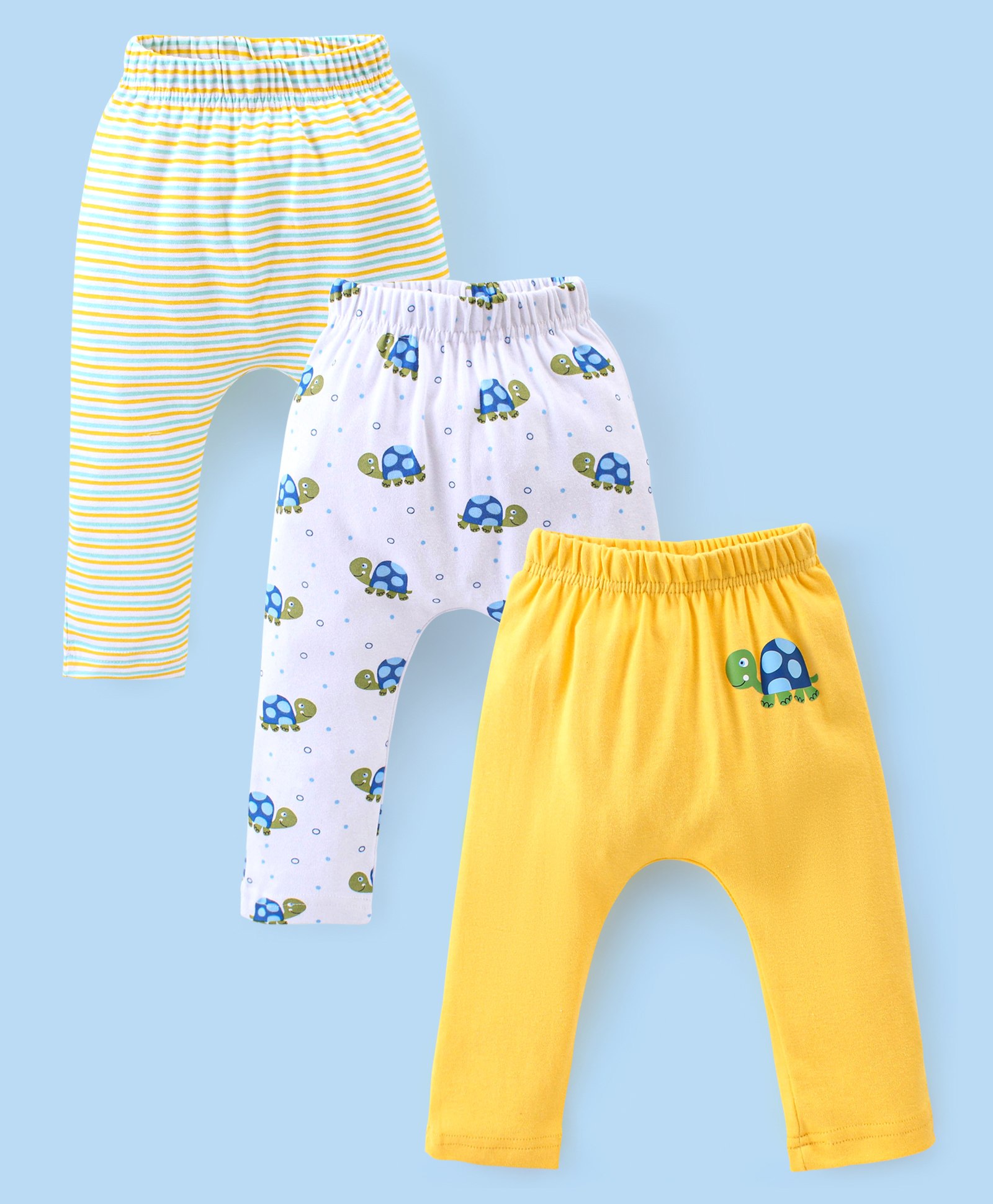 Babyhug Cotton Knee Length Diaper Pants Stripes & Turtle Print Pack of 3- Yellow Green & White-image-40