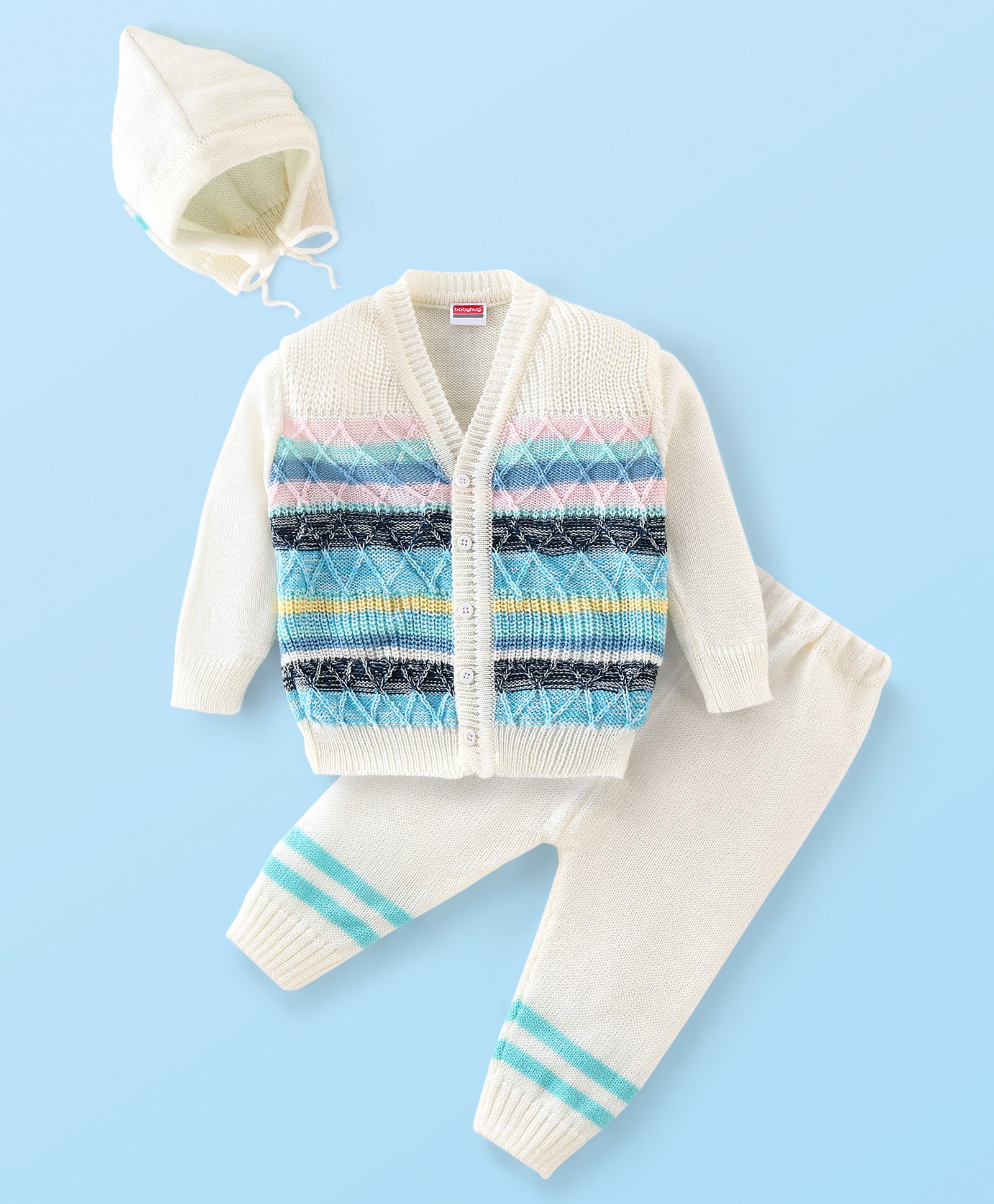 Babyhug Full Sleeves Baby Sweater Set with Cap Chevron Design - Off White & Blue-image-27