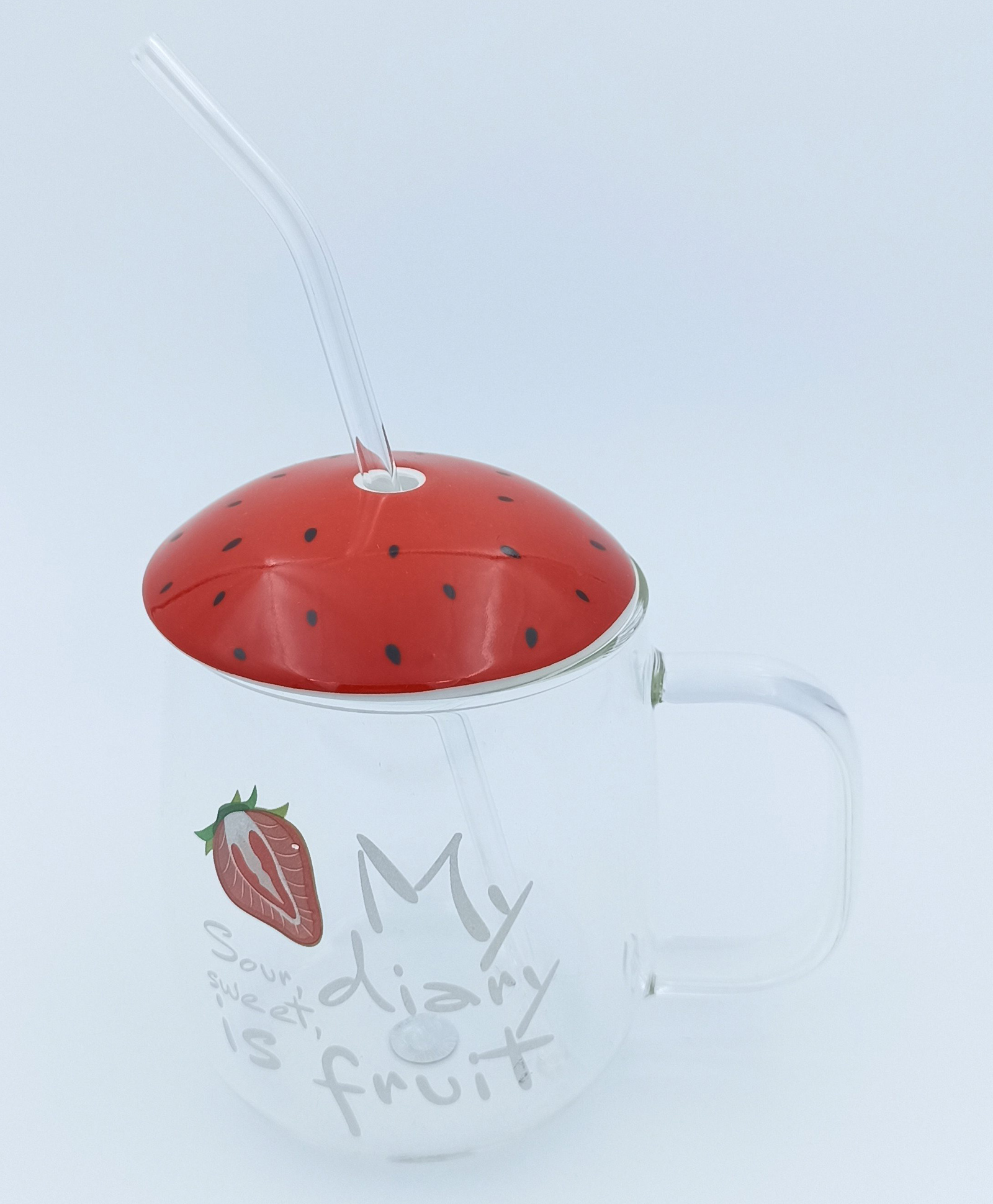 Sanjary  Starwberry Glass Cup Tumbler Lid and Straw Red & White - 430 ml-image-38