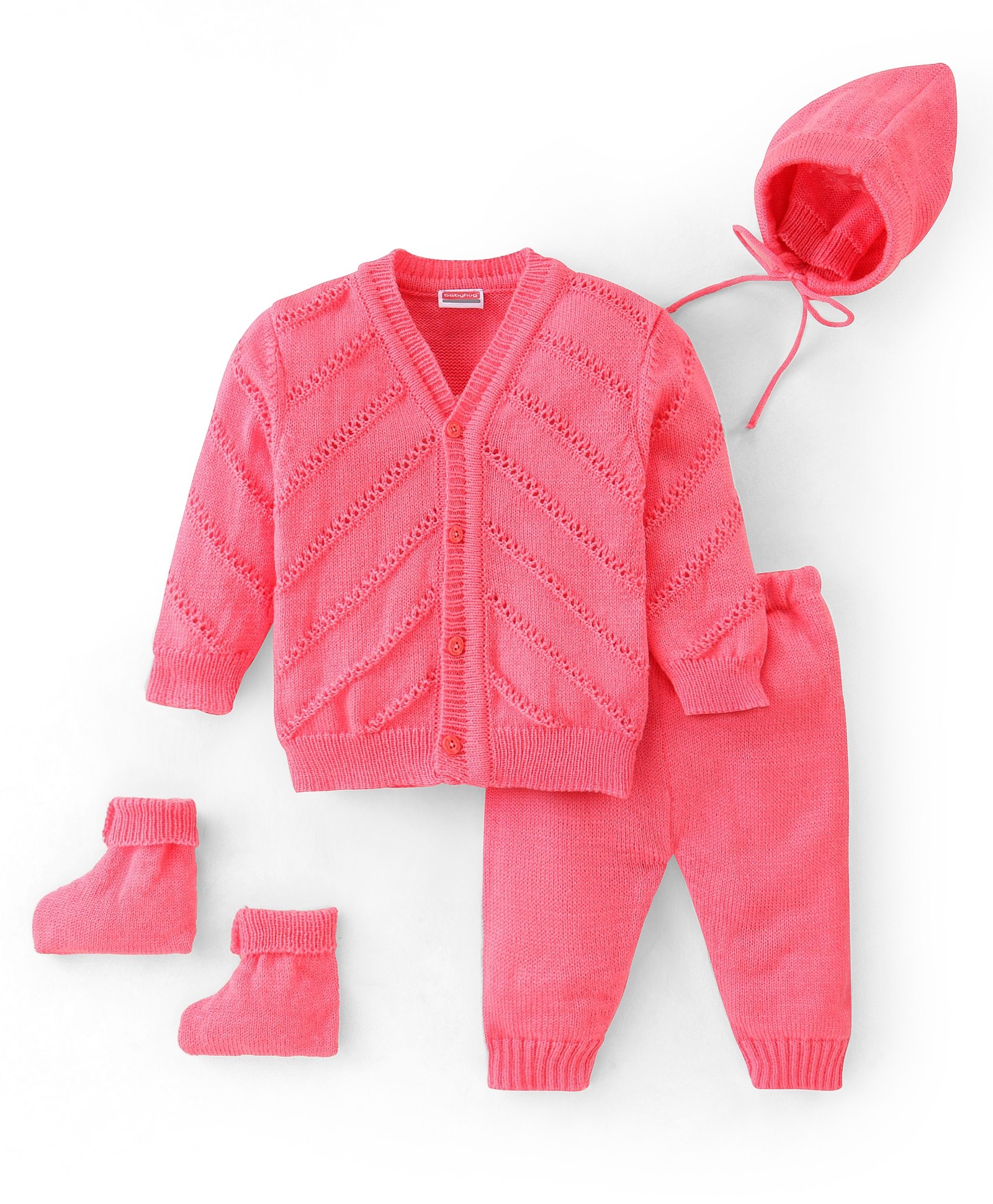 Babyhug Knitted Full Sleeves Sweater Set with Cap & Booties Solid Colour - Pink-picture-23