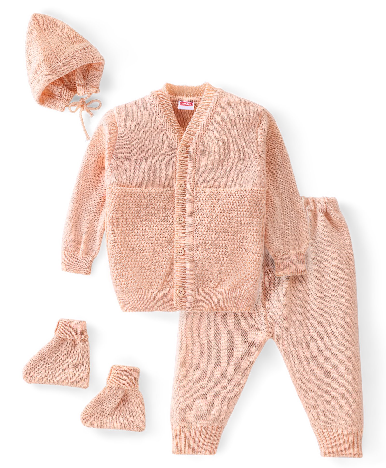 Babyhug Knitted Full Sleeves Sweater Set with Cap & Booties Solid Colour - Peach-picture-22
