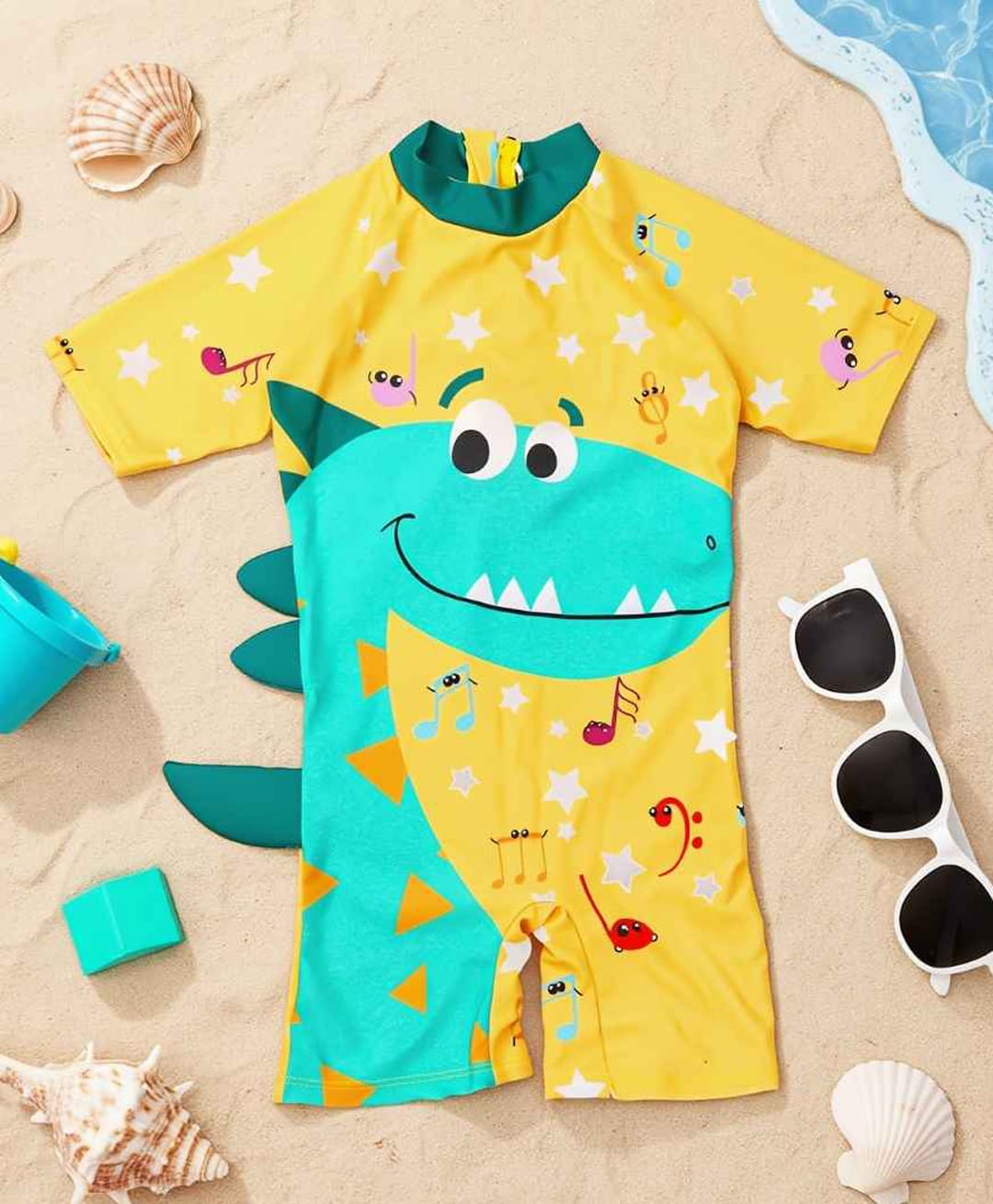 Yellow Bee Half Sleeves Dinosaur Printed Swimsuit  - Yellow And Aqua Green-image-48