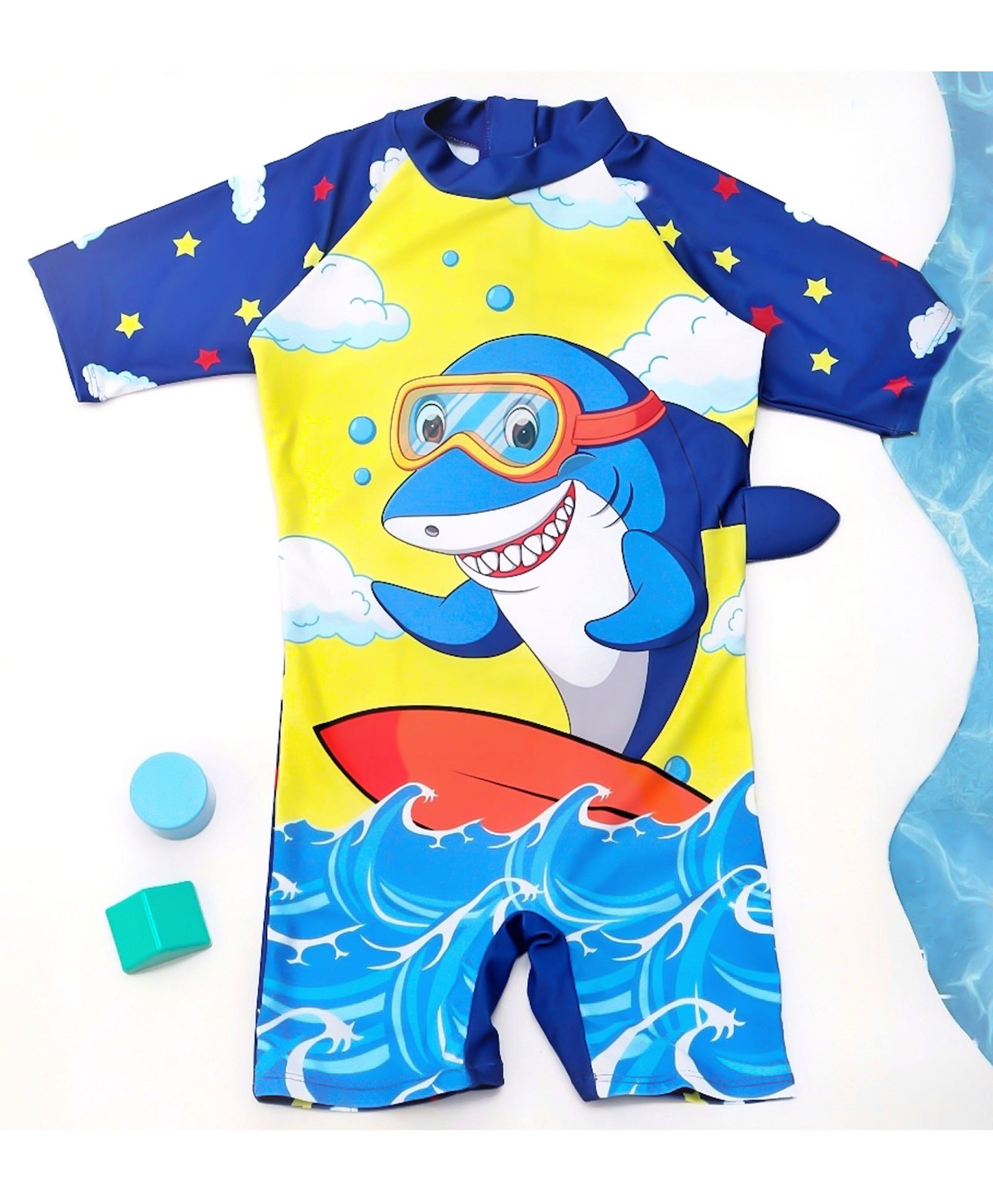 Yellow Bee Raglan Half Sleeves Shark Printed Legged Swimsuit - Yellow & Blue-image-9