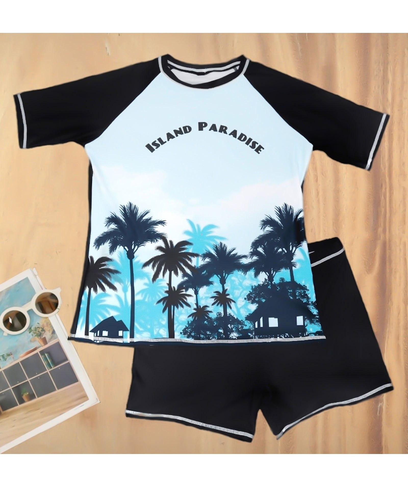 Yellow Bee Half Sleeves Island Paradise Printed Tee With Short Swimsuit - Black-image-10