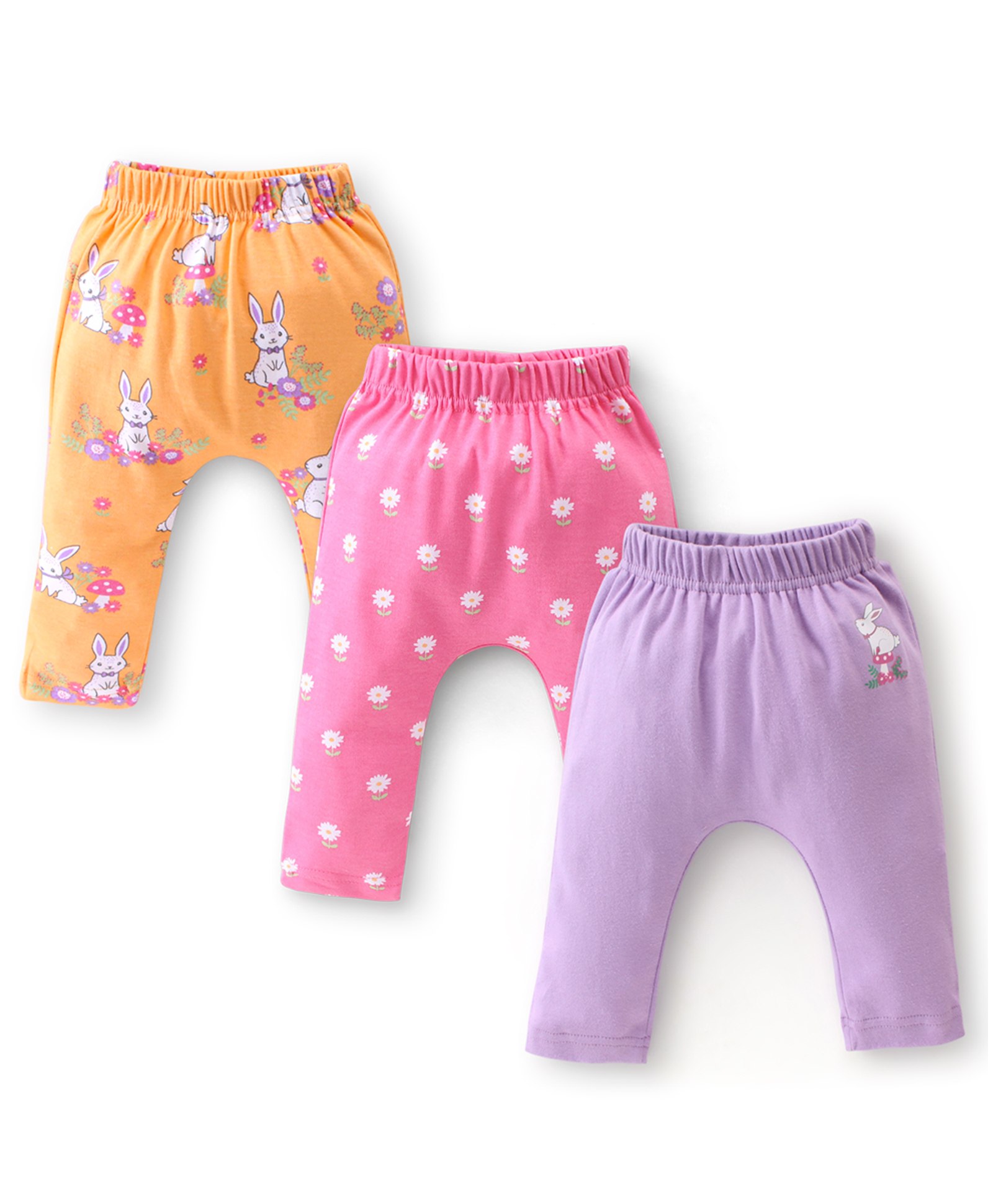 Babyhug Cotton Knit Full Length Diaper Pants Floral Printed Pack of 3 - Multicolour-picture-26