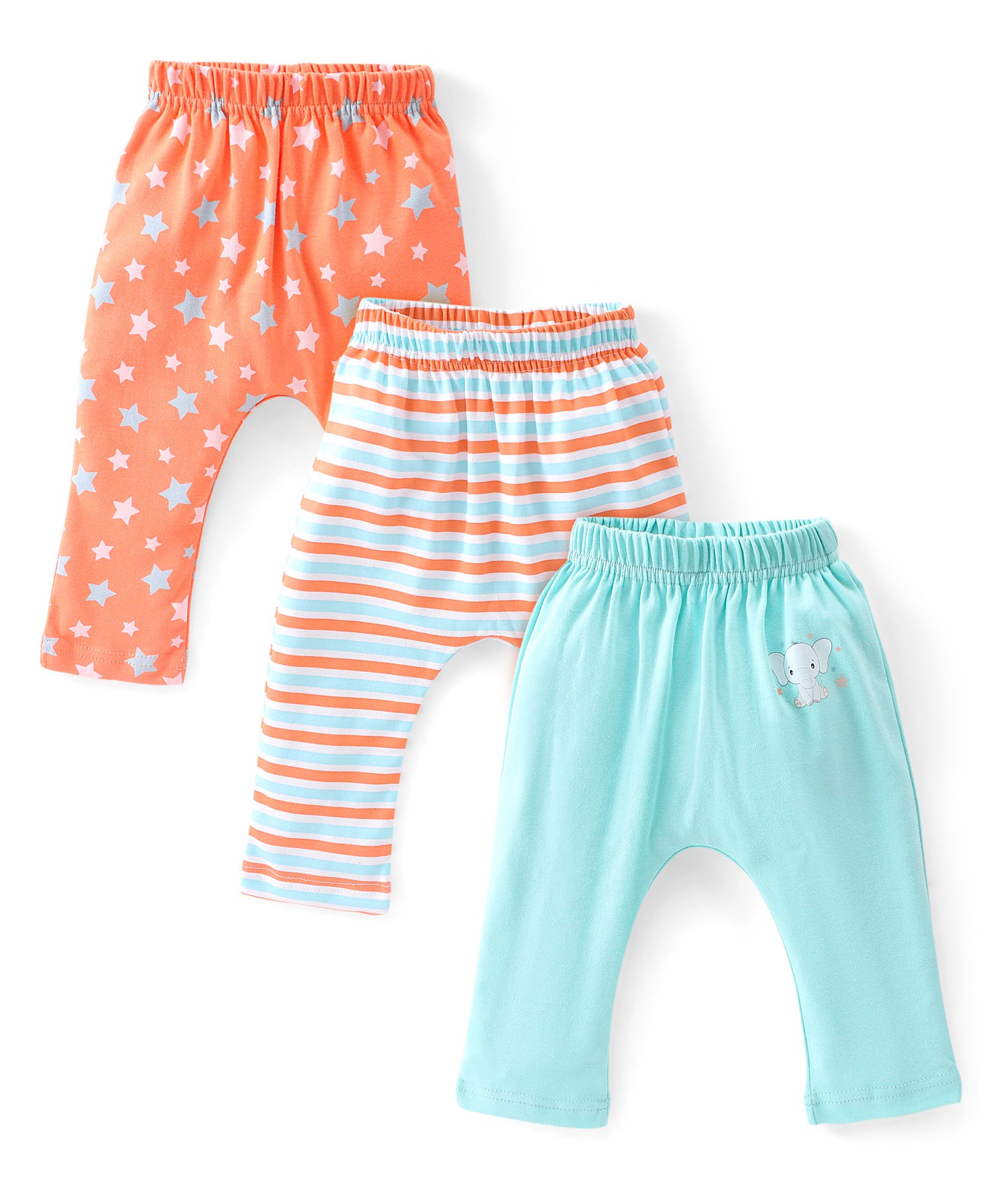 Babyhug Cotton Full Length Diaper Pants Striped & Elephant Printed Pack of 3 - Orange & Blue-picture-11