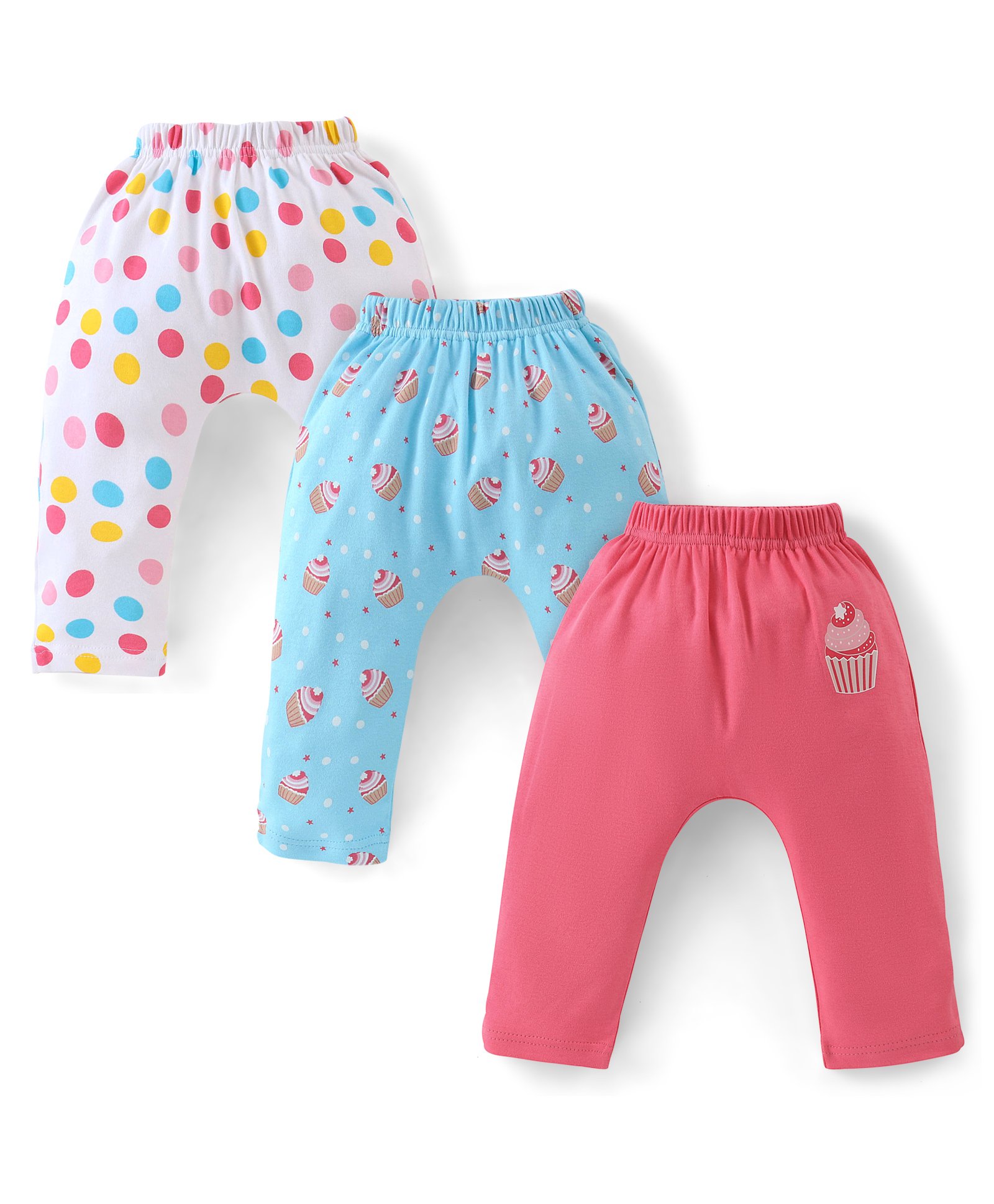 Babyhug Cotton Knit Full Length Diaper Pants Cupcake Printed Pack of 3 - Pink & Blue-picture-10