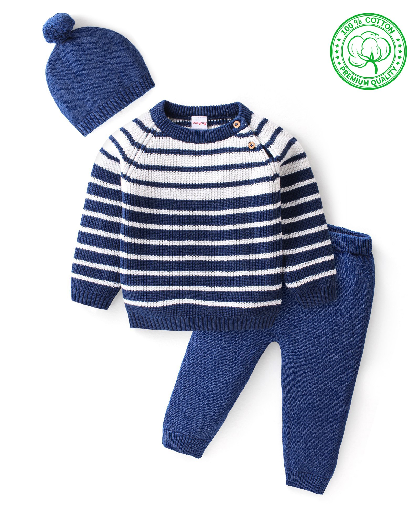 Babyhug Organic Cotton Knit Full Sleeves Sweater Set with Cap Striped Design - Navy Blue & White-image-7