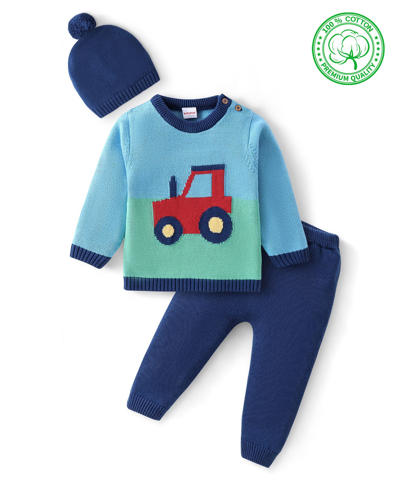 Babyhug Organic Cotton Knit Full Sleeves Baby Sweater Set with Cap & Tractor Design - Blue-image-38