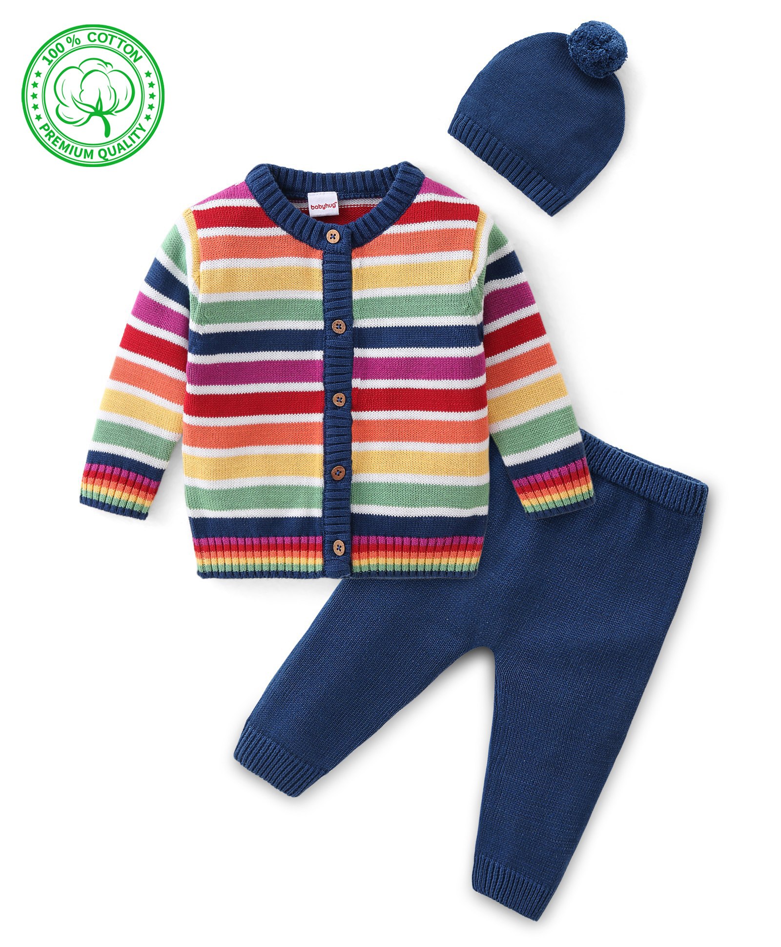 Babyhug Organic Cotton Knit Full Sleeves Sweater Set with Cap Stripe Design - Multicolour-image-35