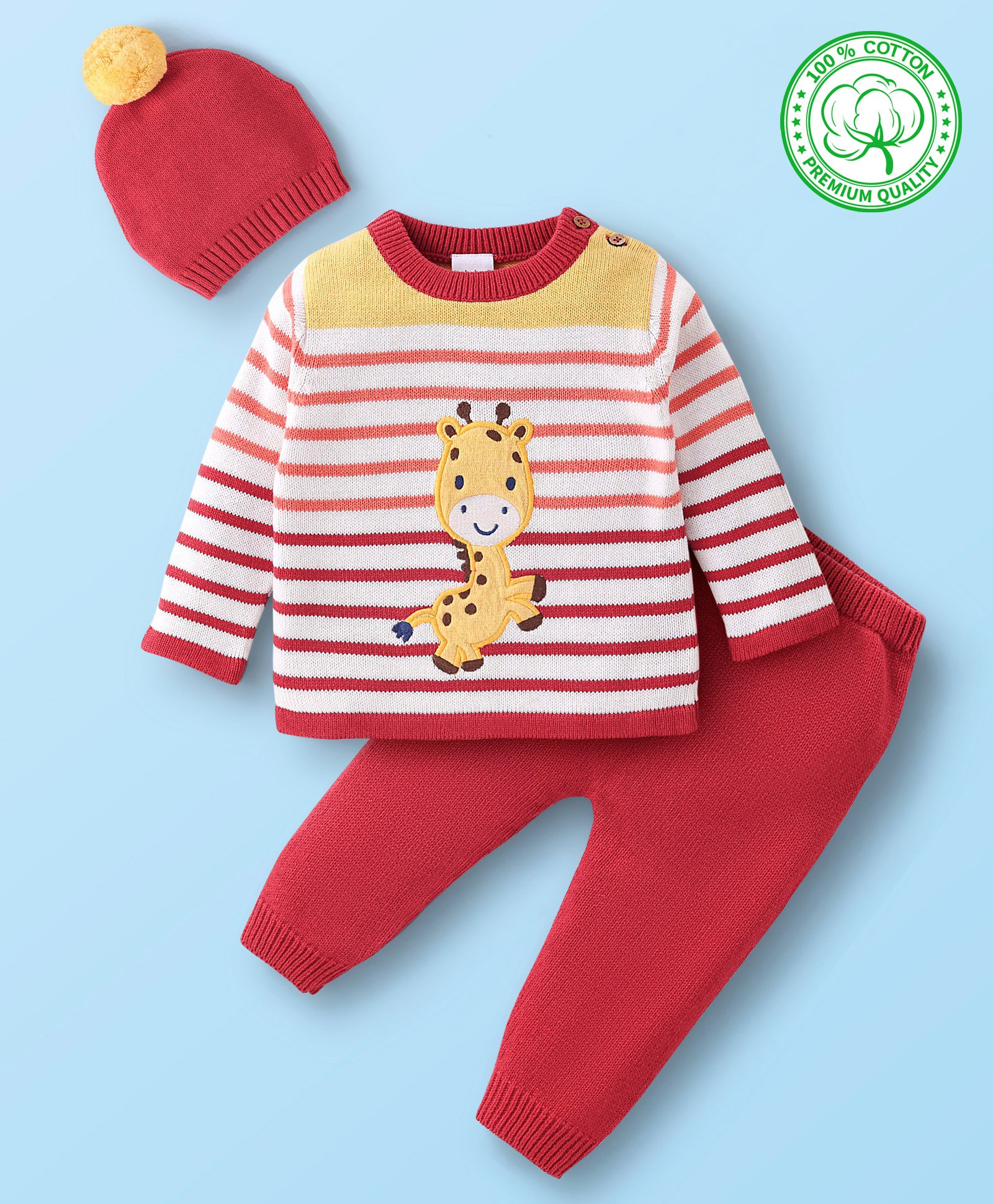Babyhug Full Sleeves Organic Cotton Striped Sweater and Pant Set with Pom Pom Cap Giraffe Patch - Red-picture-18