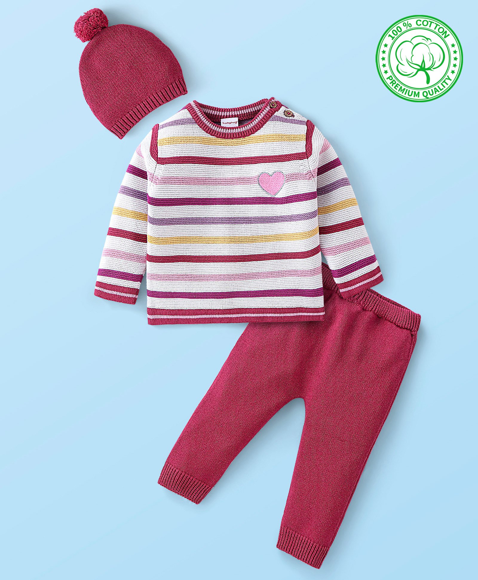 Babyhug Organic Cotton Full Sleeves Striped Baby Sweater Set Heart Design - Multicolor-image-48