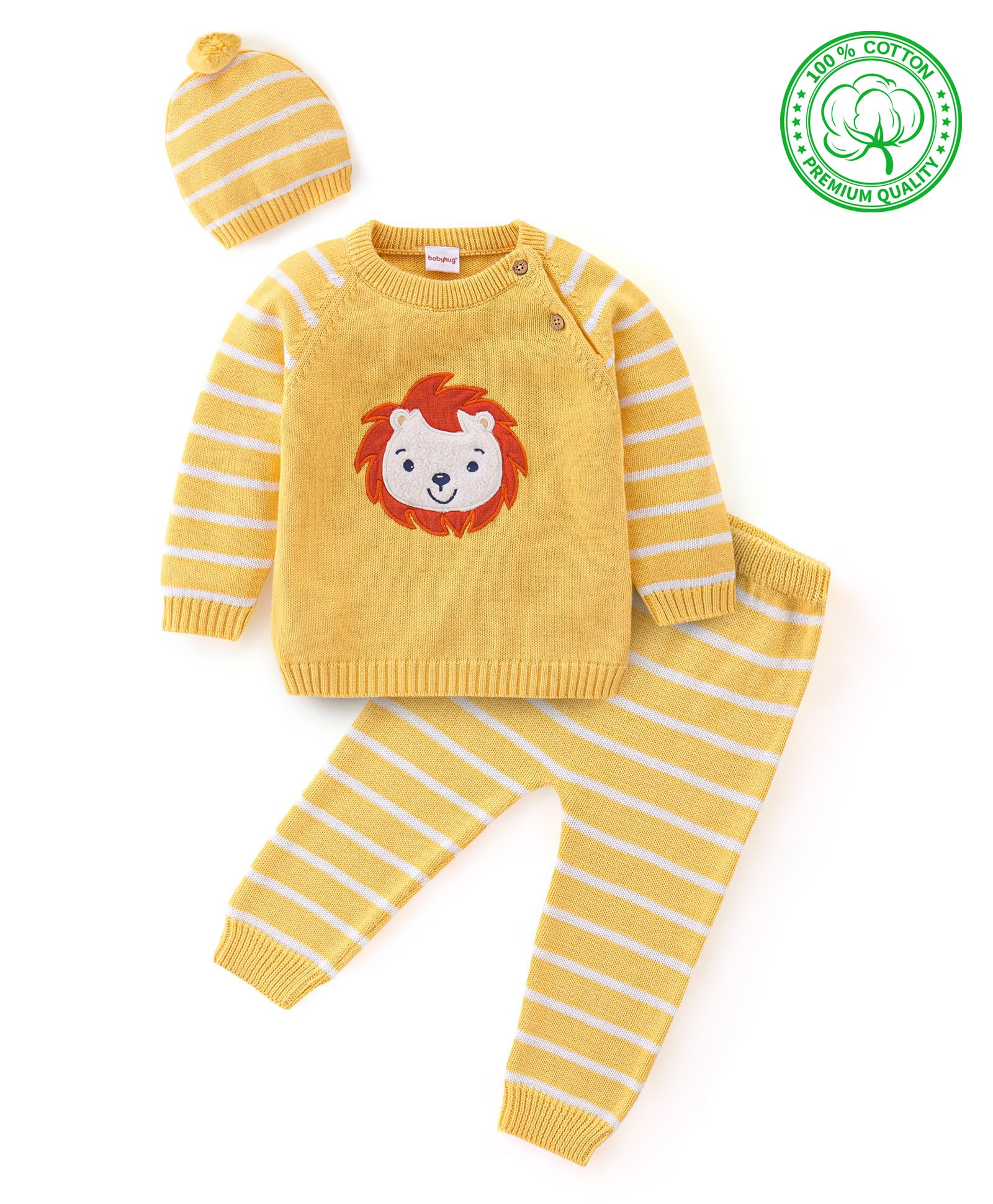Babyhug Organic Cotton Full Sleeves Striped Sweater Set - Yellow-image-49
