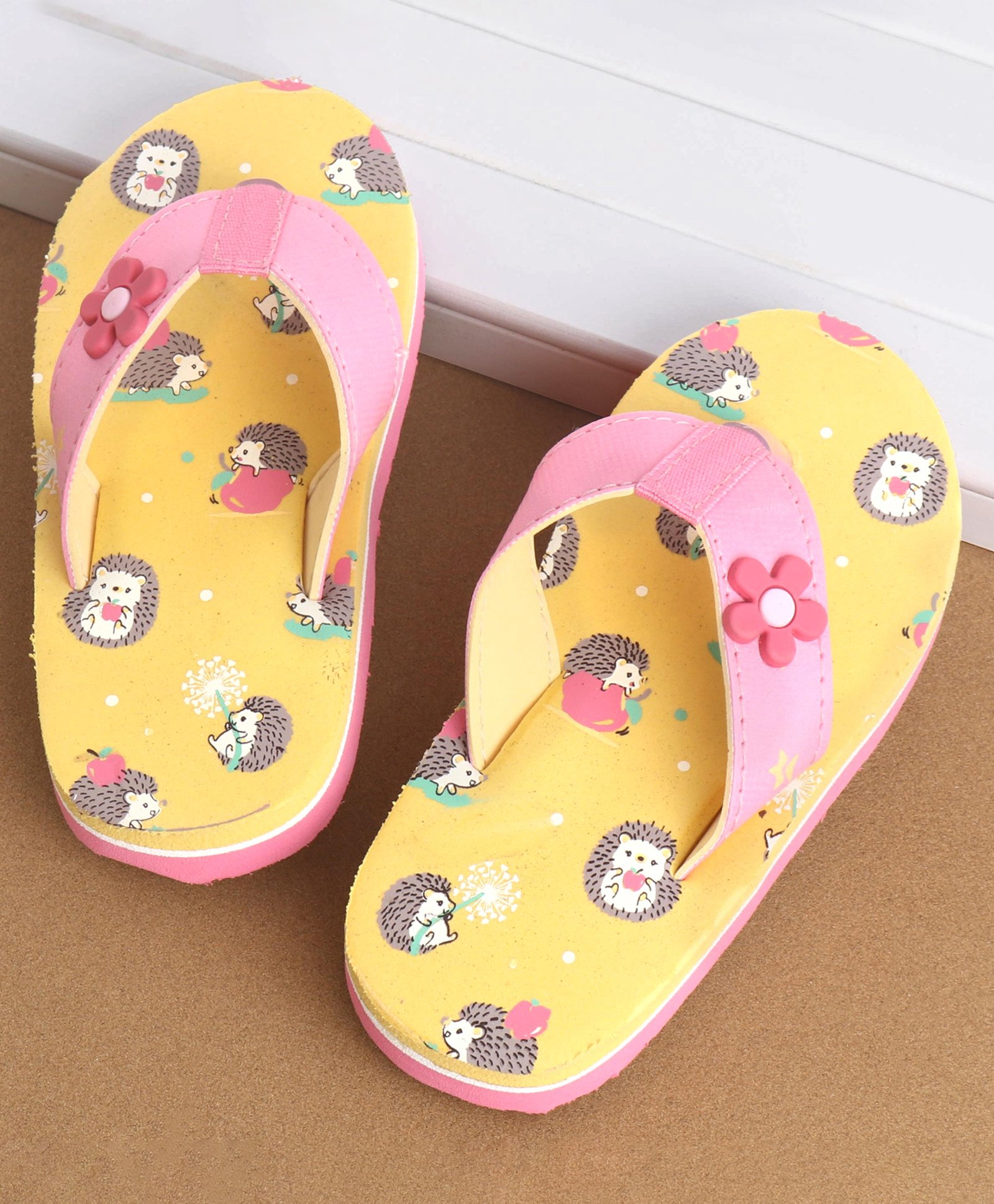Cute Walk by Babyhug Slip On Style Porcupine Graphics Flip Flops with Floral Applique - Yellow-image-10