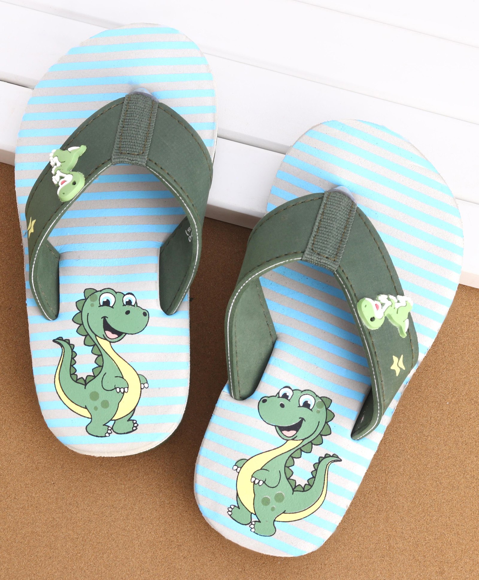 Cute Walk by Babyhug Striped & Dino Printed Slip On Flip Flops - Green & Blue-picture-22
