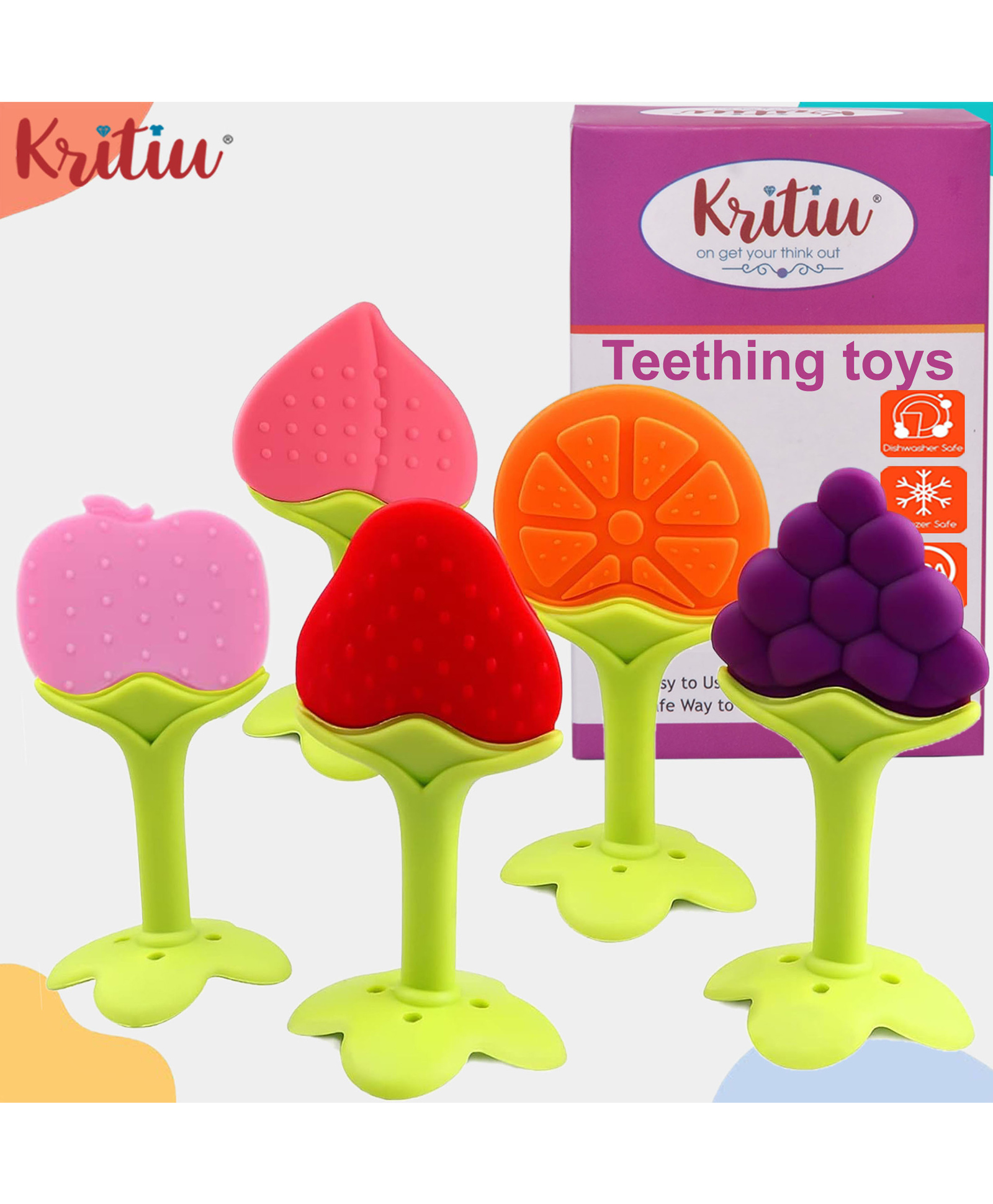 Kritiu Fruit Shaped Silicone Stand Teether Pack Of 5 - Multicolour-picture-34