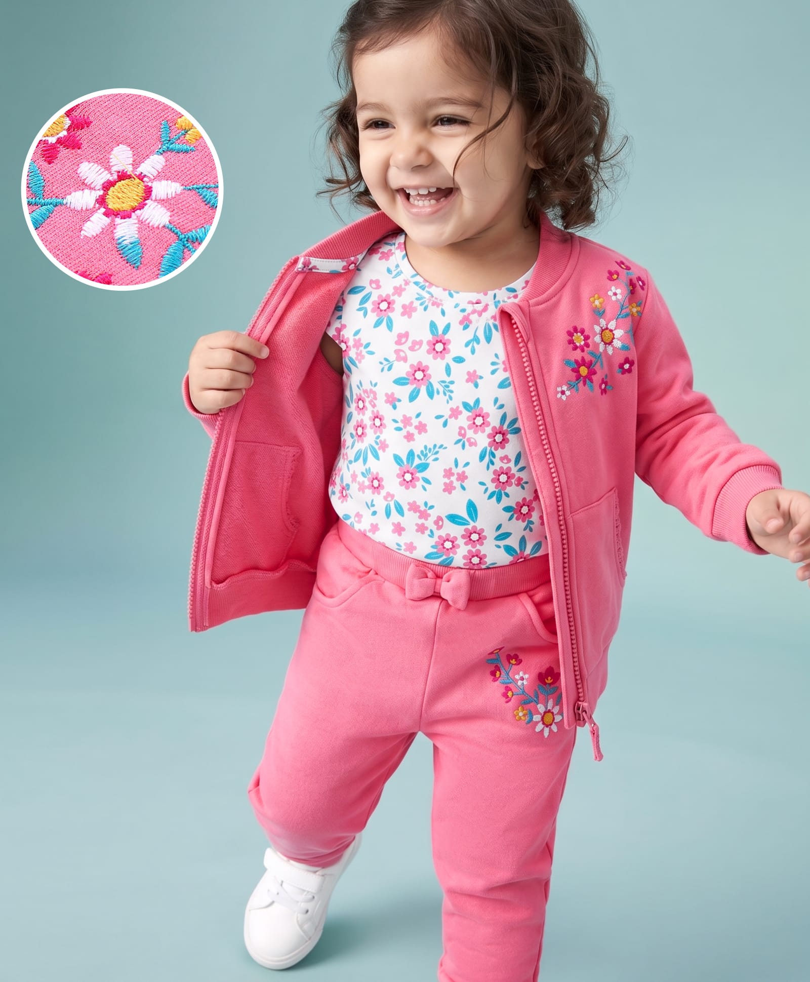 Babyhug 100% Cotton Full Sleeves Sweatshirt With Top & Lounge Pant Floral Print & Embroidery- Pink-image-24
