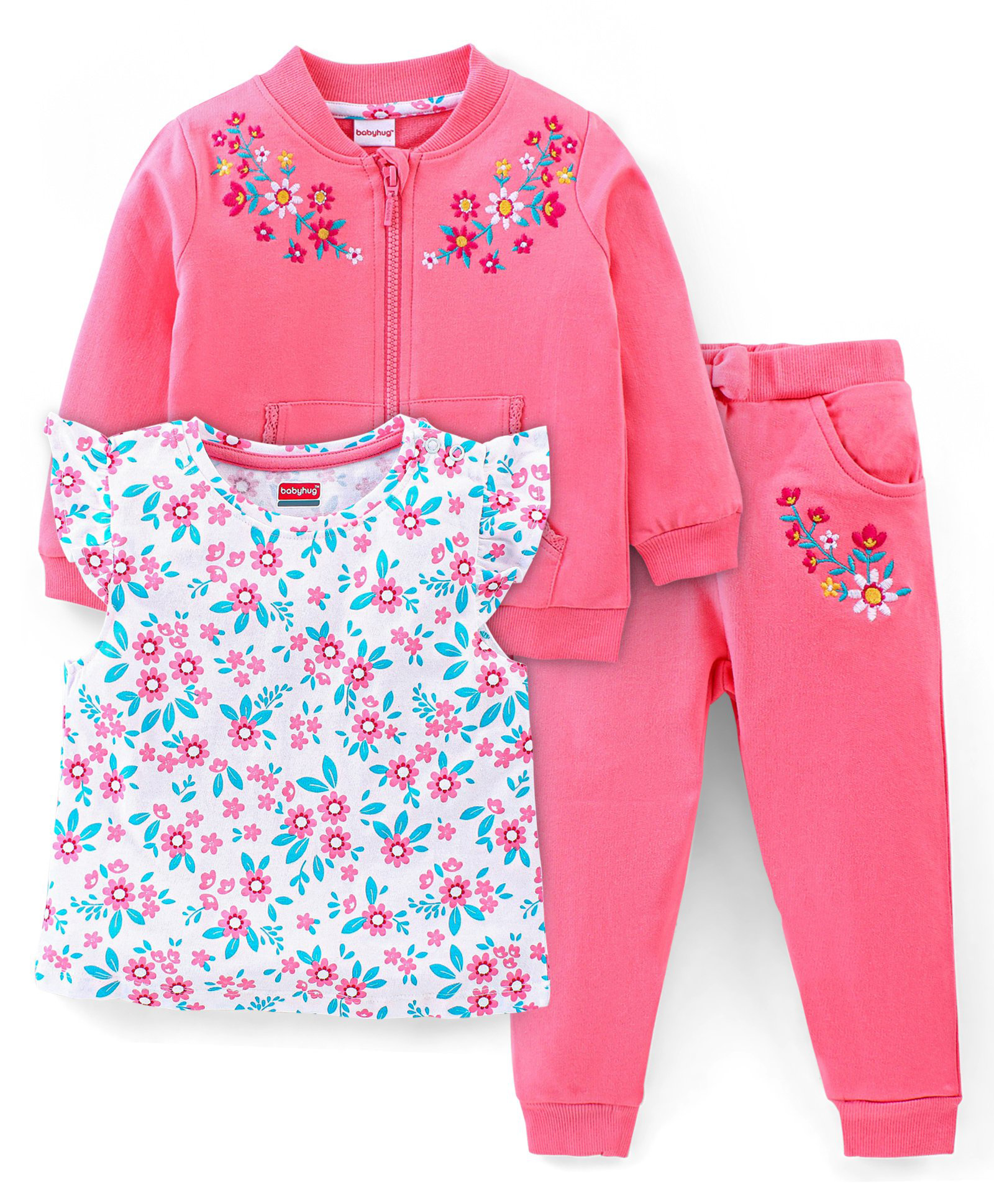 Babyhug 100% Cotton Full Sleeves Sweatshirt With Top & Lounge Pant Floral Print & Embroidery- Pink-picture-12