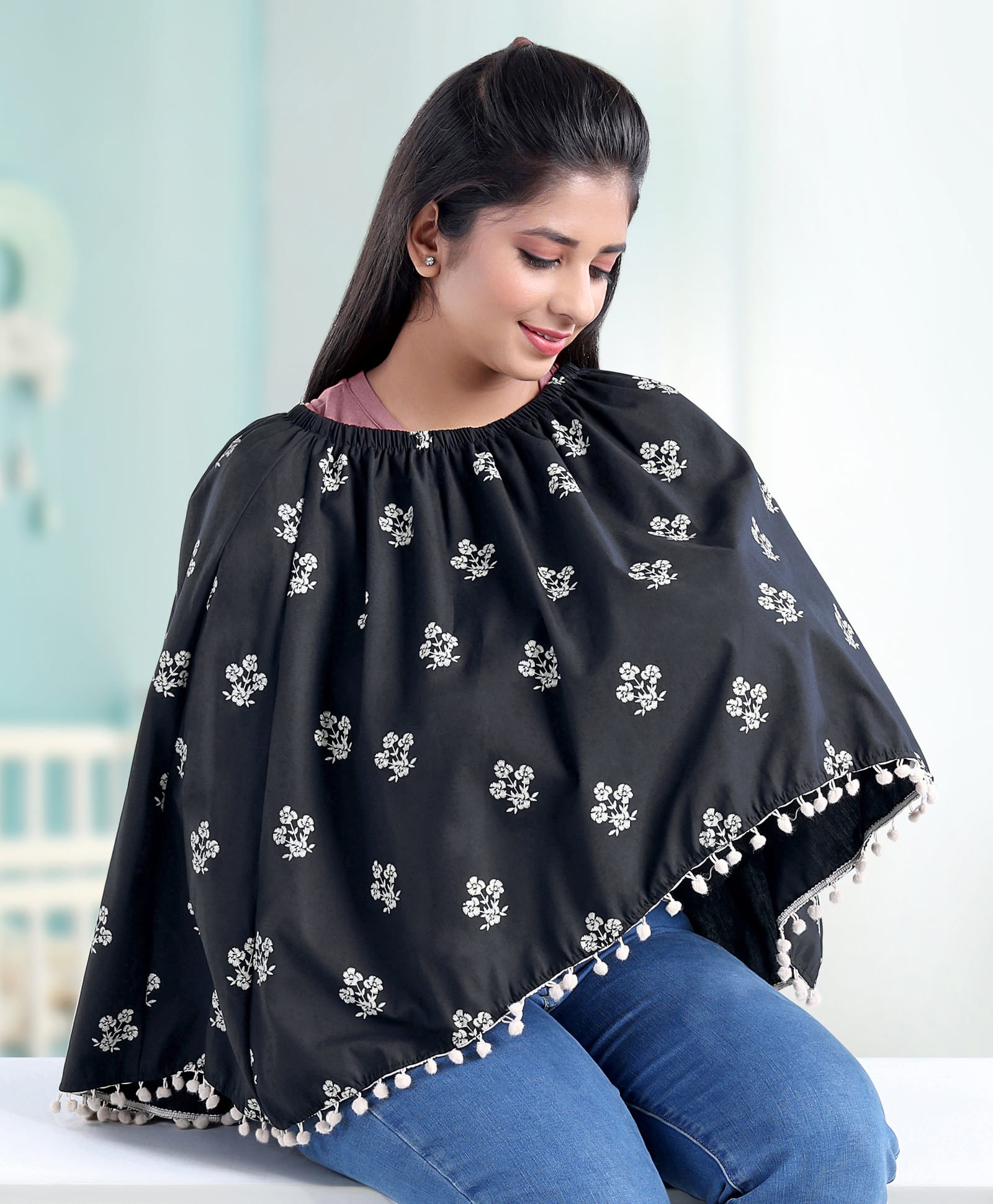 Babyhug Cotton Poncho Style Breast Feeding Nursing Cover Floral Print - Black-image-5
