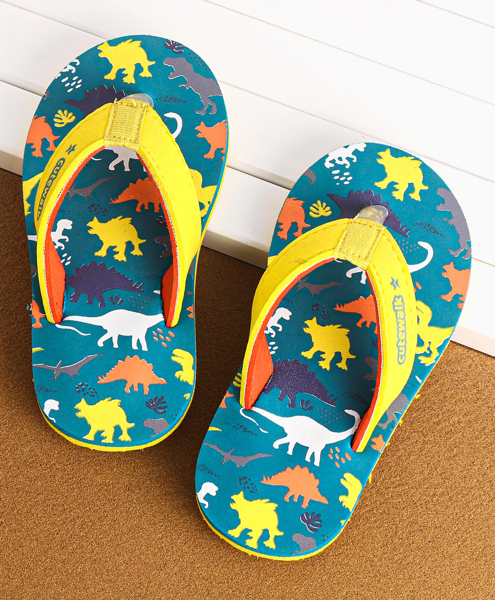 Cute Walk by Babyhug Slip on Flip Flops Dino Print - Yellow-picture-17