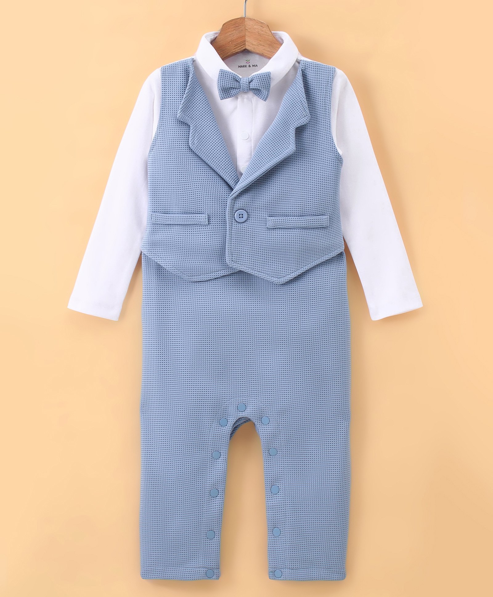 Mark & Mia Cotton Woven Full Sleeves Party Wear Checked Romper with Bow Detailing - Blue & White-picture-23