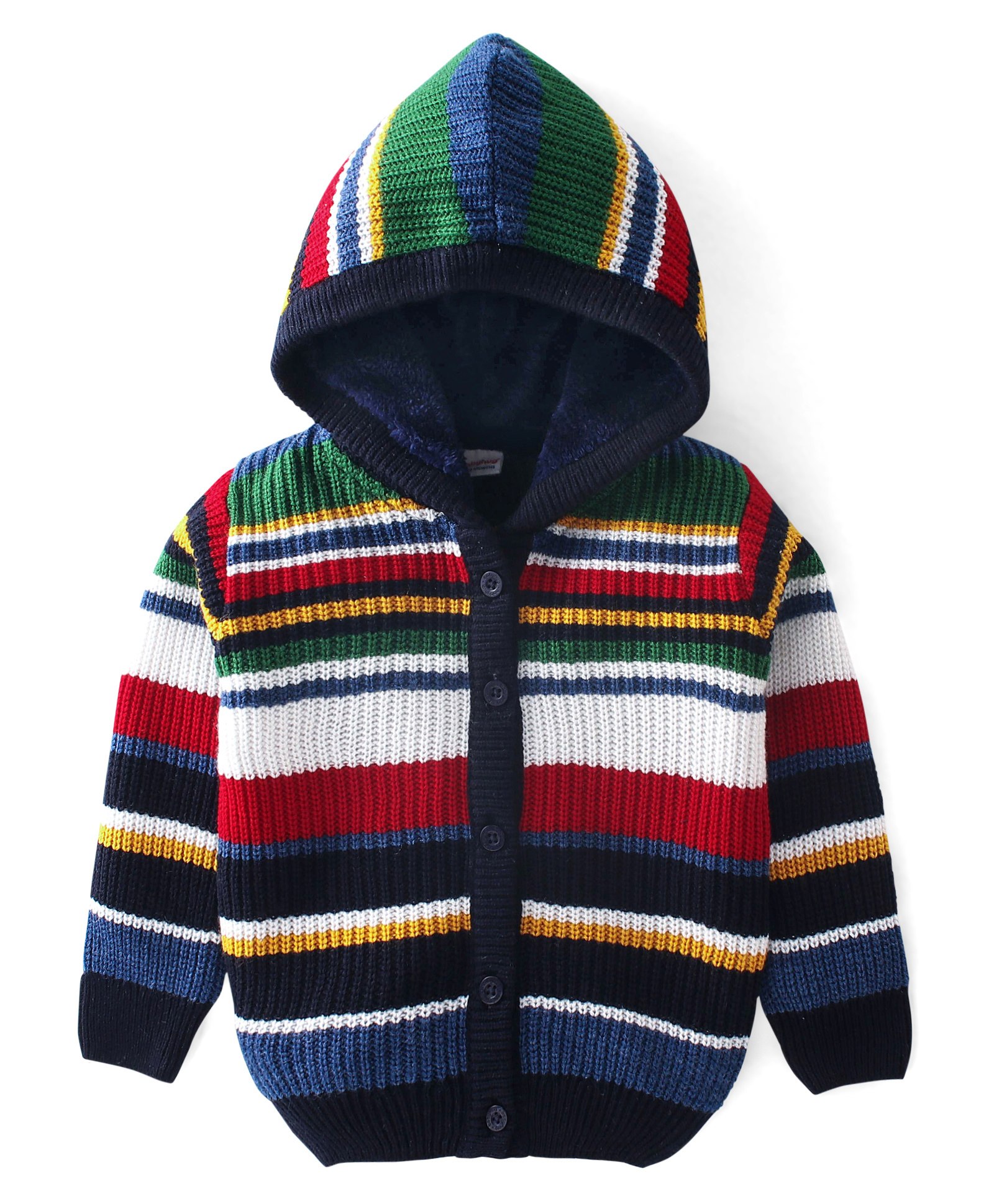 Babyhug Knitted Full Sleeves Front Open Hooded Sweater with Stripes - Multicolour-image-36