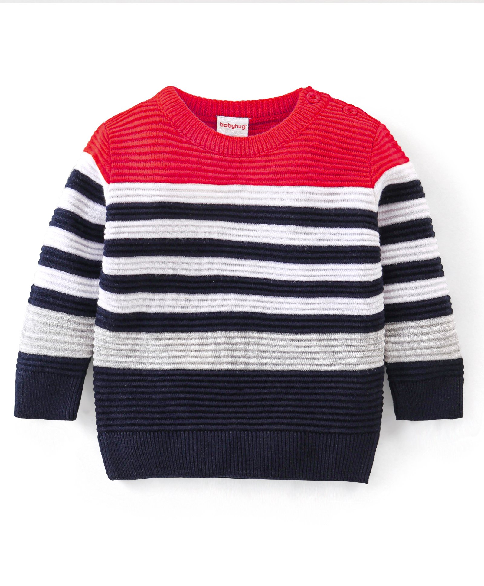 Babyhug 100% Acrylic Knit Full Sleeves Striped Sweater - Red & White-image-3