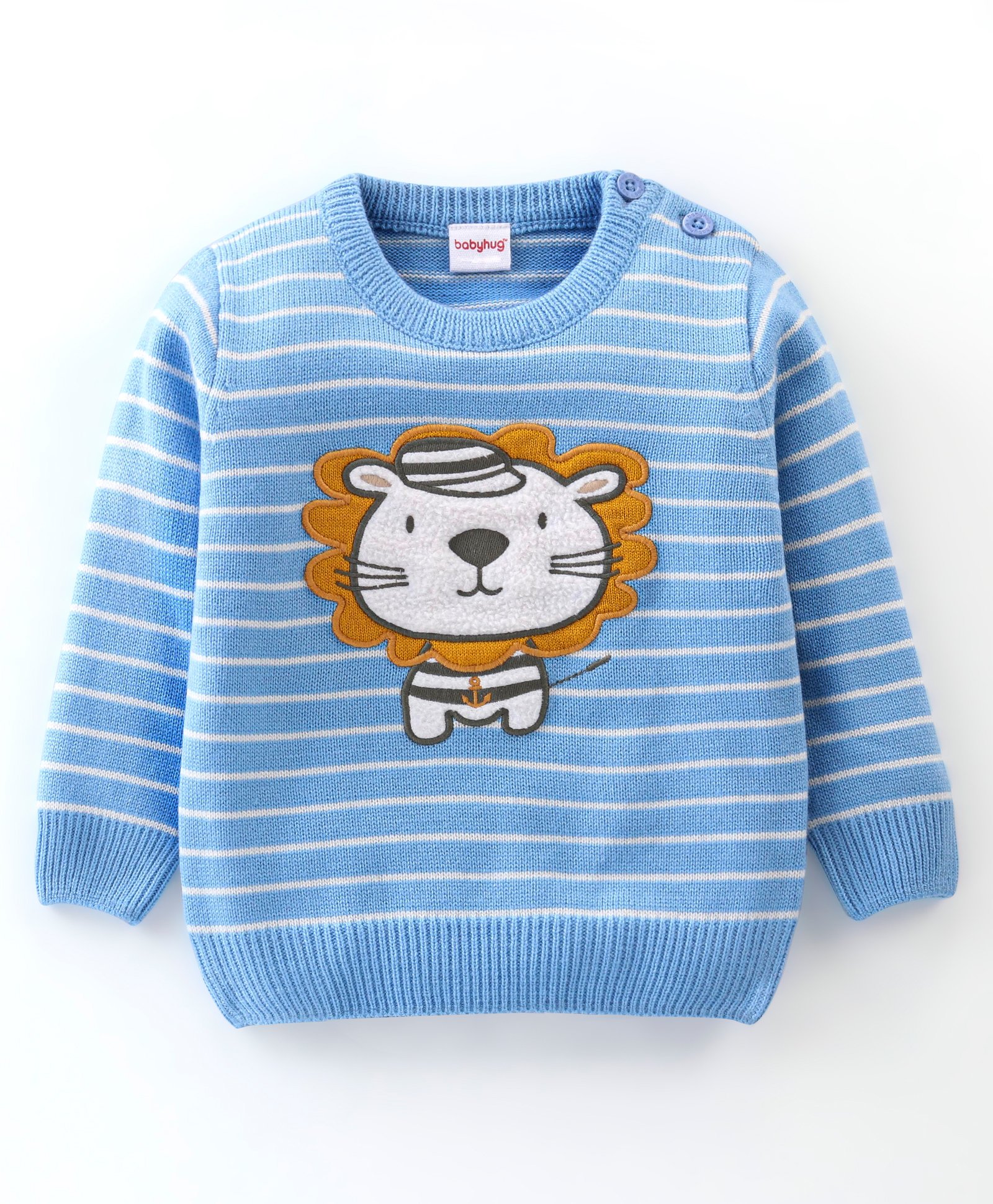 Babyhug 100% Acrylic Knit Full Sleeves Striped Sweater with Lion Patch - Blue-image-37